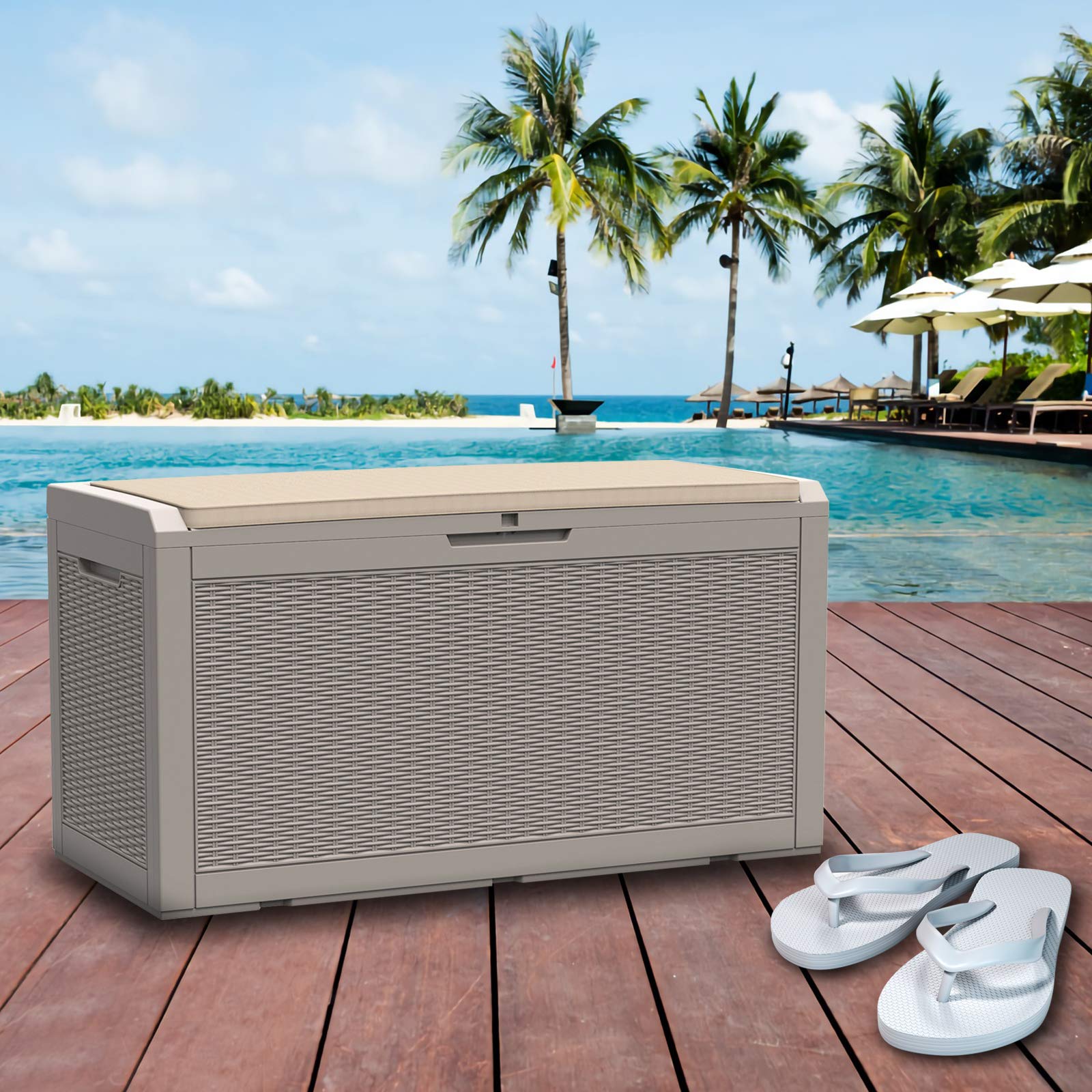 100 Gallon Polypropylene (PP) Deck Box - Waterproof, Lockable Storage Container for Indoor & Outdoor Use - Organize Patio Furniture, Pool Toys, Garden Tools - Gray with Cushion