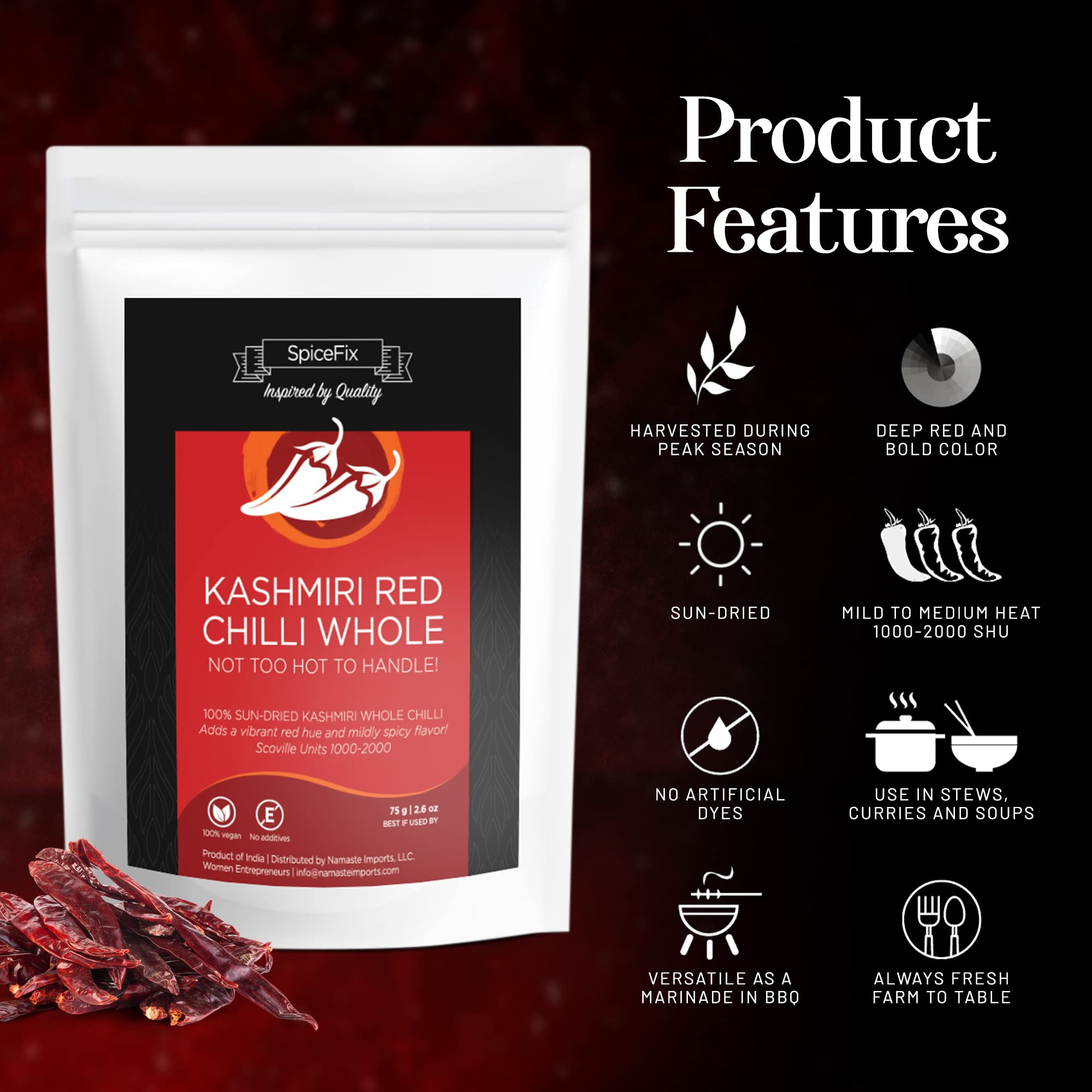 Premium Whole Kashmiri Red Chili Pepper - Mild to Medium Heat, Natural Stemless Dried Chillies | Sun-Dried Indian Red Peppers in Resealable Bag (2.6oz) - Perfect for Curries, Stews & Homemade Spice Blends