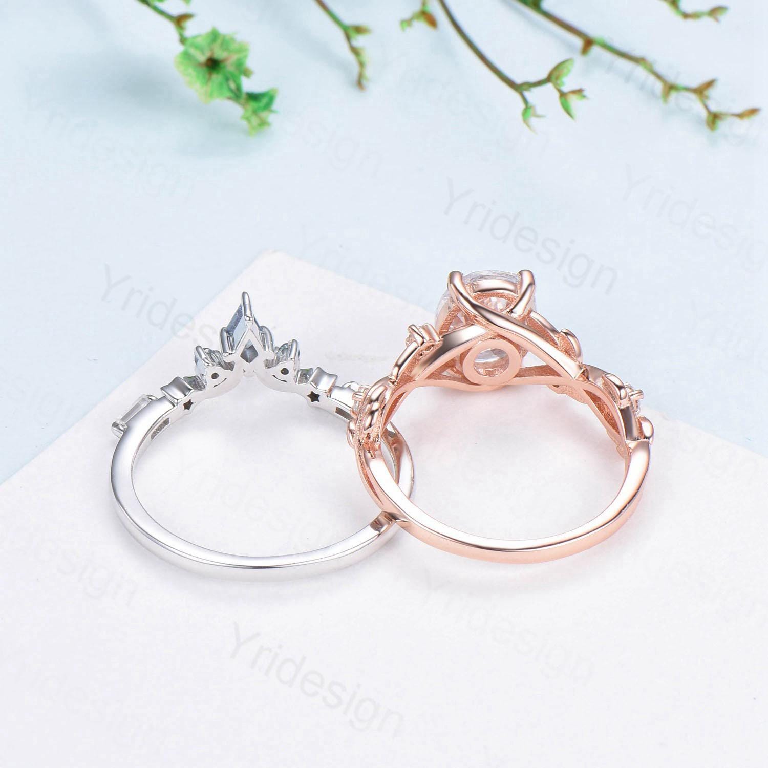 1.5CT Oval Salt and Pepper Diamond Engagement Ring Set - Nature Inspired Wedding Band, Unique Moon & Star Stackable Matching Ring - Perfect for Anniversaries, Proposals & Bridal Jewelry Gifts