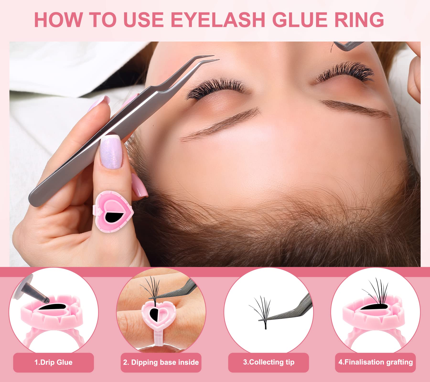 100PCS Heart-Shaped Disposable Glue Rings for Eyelash Extensions - Professional Lash Fan Blossom Supplies with Storage Box - Ideal for Beauty Salons & DIY Lash Techs (Pink) | Perfect for Salon Use, Home Lash Application & Travel Beauty Kits