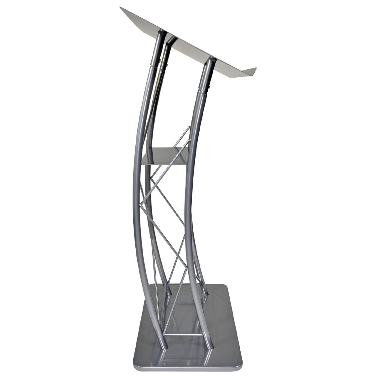 Kingdom KML2S Large Curved Lectern with Shelf - Silver Powder Coat Metal Church Pulpit, Conference Podium for Speeches, Presentations, Weddings, and Corporate Events