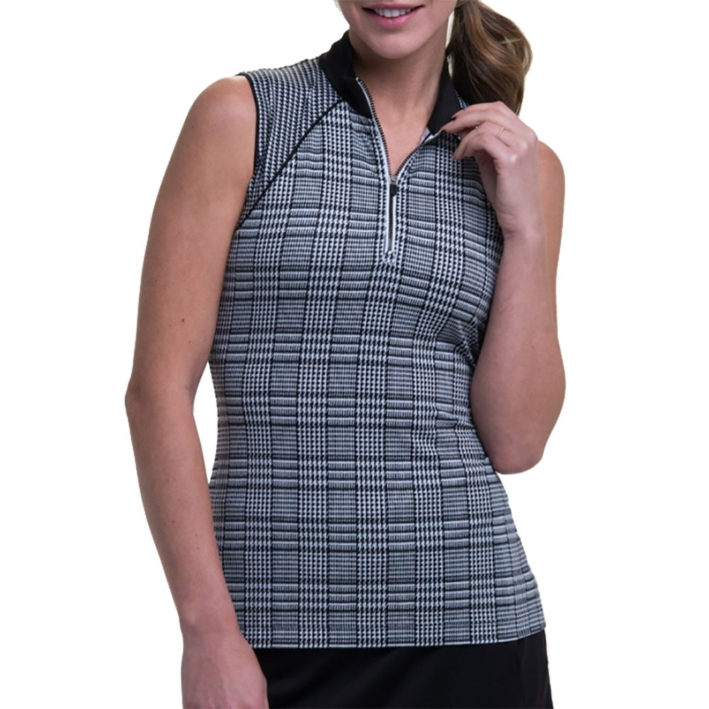 EP New York Women's Mock Zip Printed Sleeveless Golf Polo Shirt - Black Multi Color - Perfect for Golf, Tennis & Summer Outdoor Activities