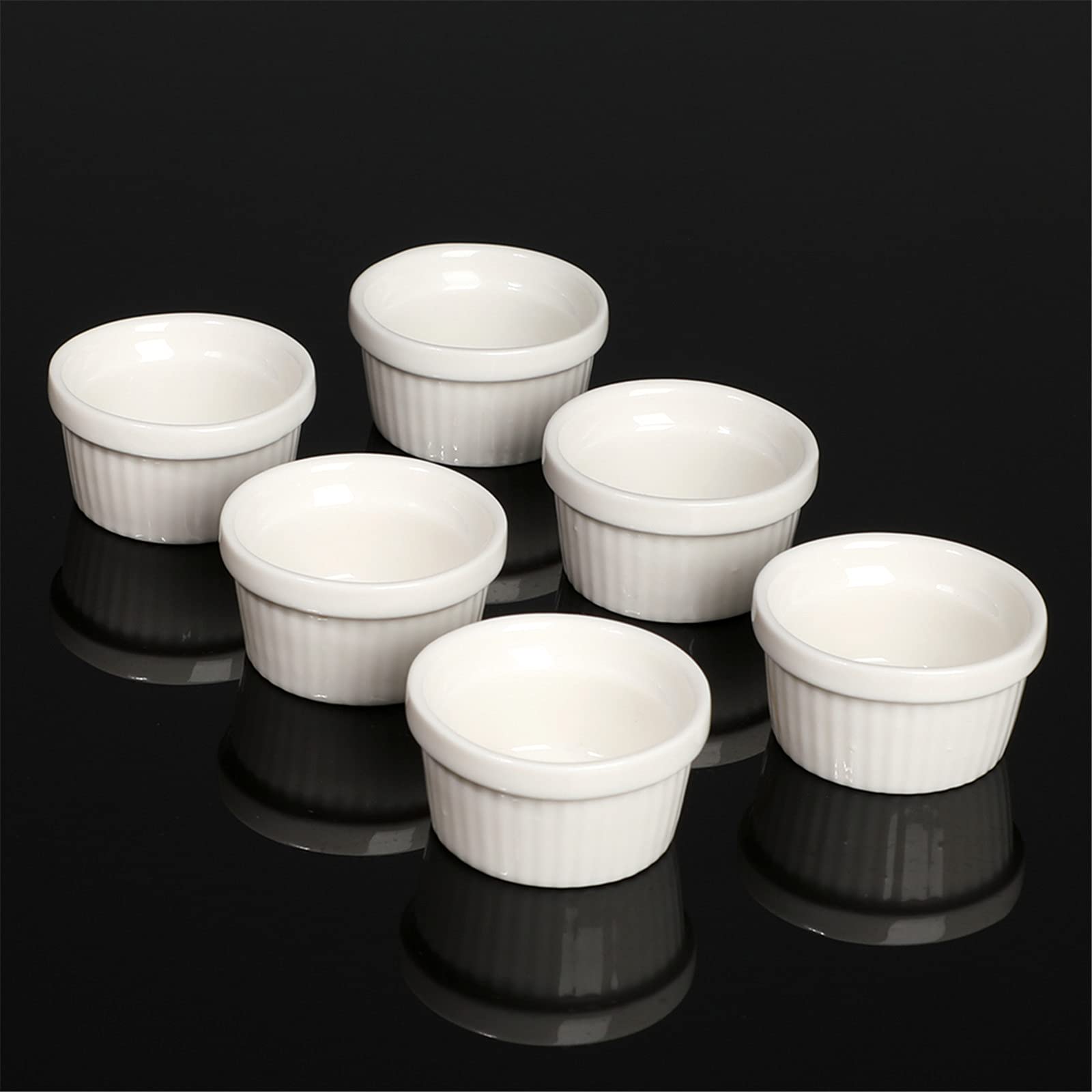 HAOTOP Mini Ramekins 1 oz (30ml) Porcelain Souffle Dish Set of 6 - Oven Safe Small Dipping Sauce & Dessert Cups for Baking, Serving Condiments, Ice Cream, Custard & Party Appetizers