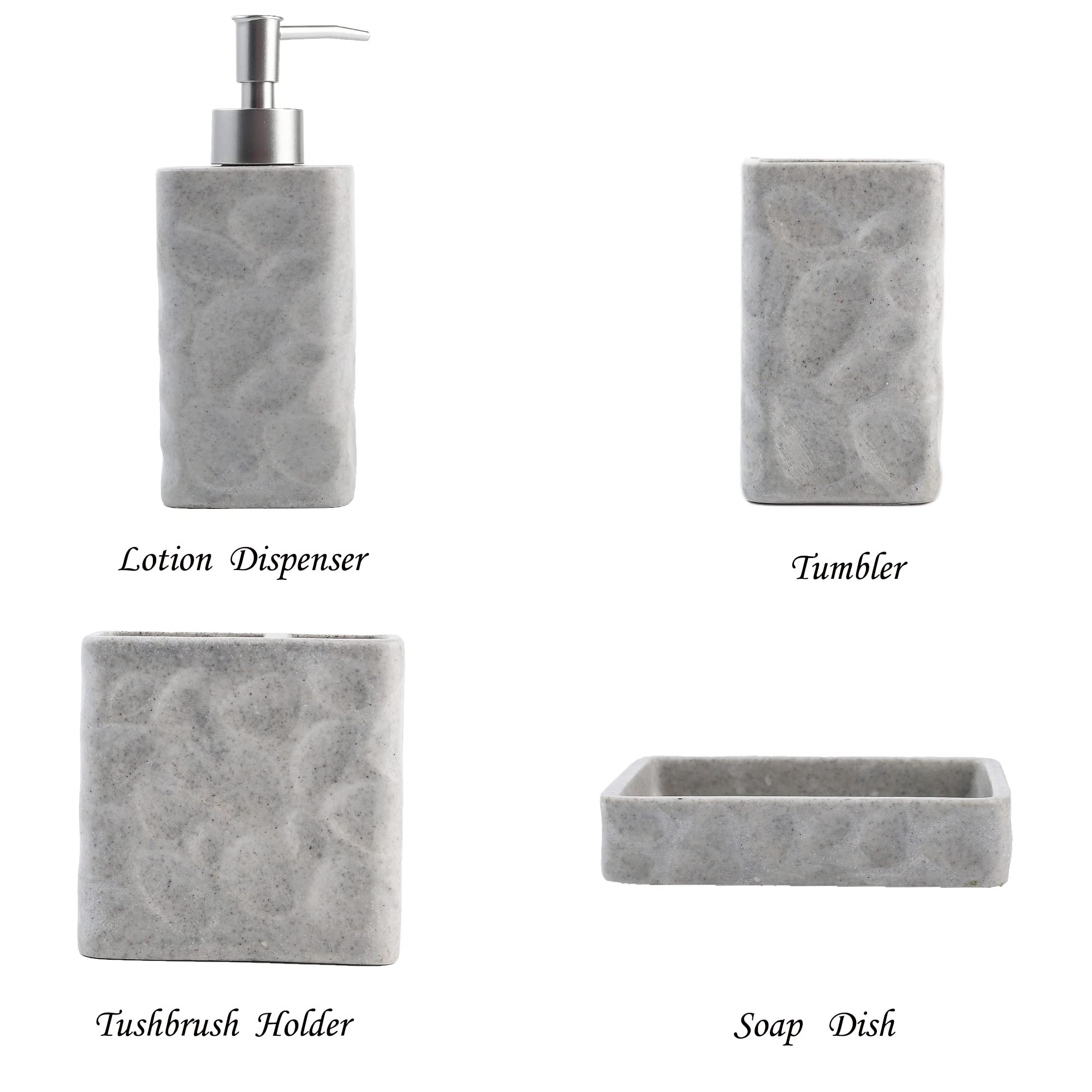 Hymmah 4-Piece Farmhouse Bathroom Accessories Set - Resin Toothbrush Holder, Soap Dispenser, Soap Dish & Tumbler | Rustic Decor for Bathroom, Apartment Essentials | Perfect for Guest Bathrooms, Small Spaces & Housewarming Gifts