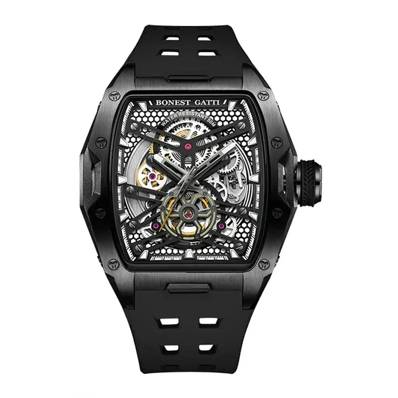 BONEST GATTI Men's Automatic Skeleton Watch - Luxury Military Mechanical Wristwatch with Sapphire Glass, 50M Waterproof & Luminous Hands - Perfect for Business, Formal Events & Outdoor Adventures