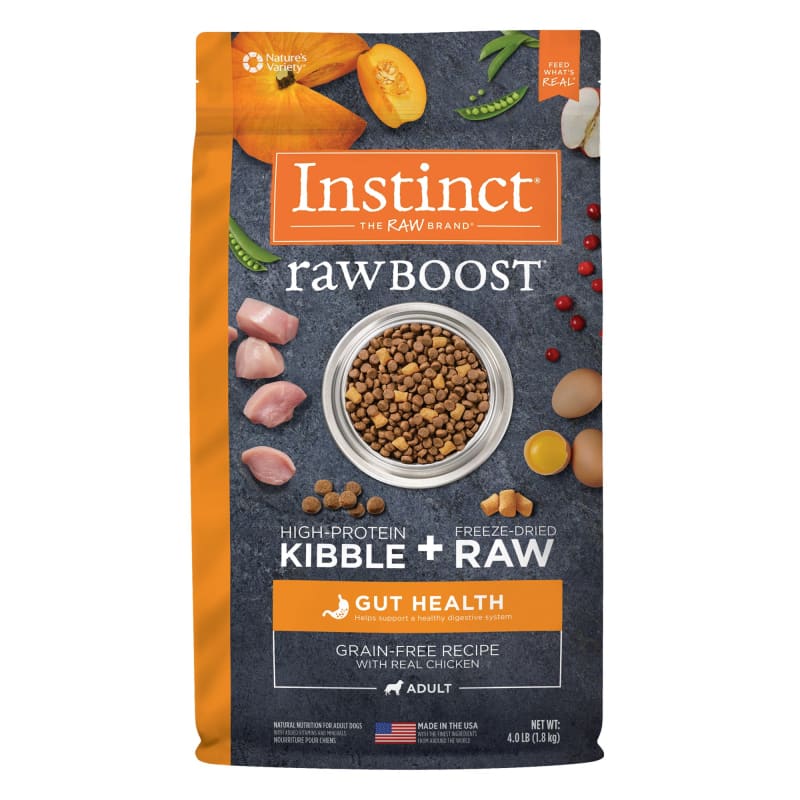 Instinct Raw Boost Grain Free Dry Dog Food for Gut Health - 4.5lb & 11lb Bags - High Protein Kibble for Sensitive Stomachs - Perfect for Adult Dogs with Digestive Issues