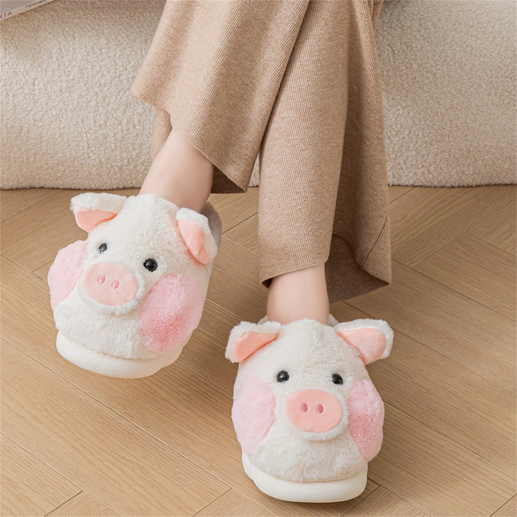 LANFIRE Women's Cozy Cotton Pig Slippers - Plush Animal House Shoes for Adults - Perfect for Relaxing at Home, Lounging & Indoor Comfort