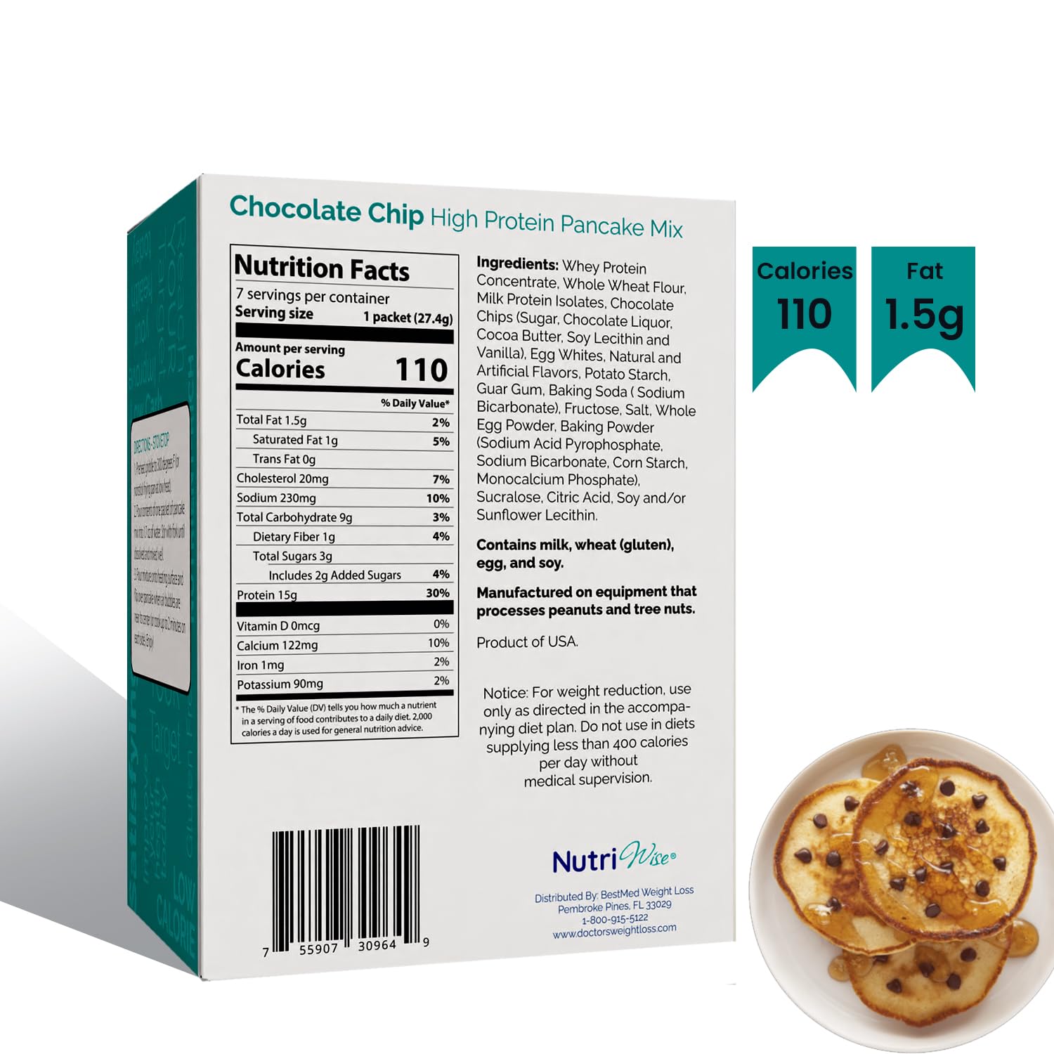 NutriWise High Protein Pancake Mix - 15g Protein per Serving | KETO Friendly, Low Carb, Low Sugar, Low Calorie | Weight Loss & Hunger Control Meal Replacement (Chocolate Chip, 7/Box) - Perfect for Breakfast, Post-Workout & Healthy Snacking