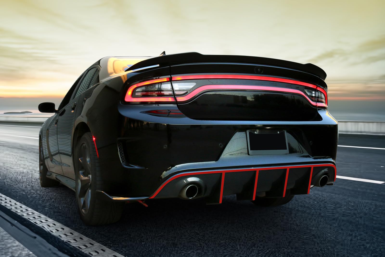 IKON MOTORSPORTS Bumper Lip Spoiler for 2015-2023 Dodge Charger SRT - Factory Style Rear Diffuser with Red Reflective Tape - Upgrade Your Ride's Aerodynamics & Style for Street Racing & Car Shows