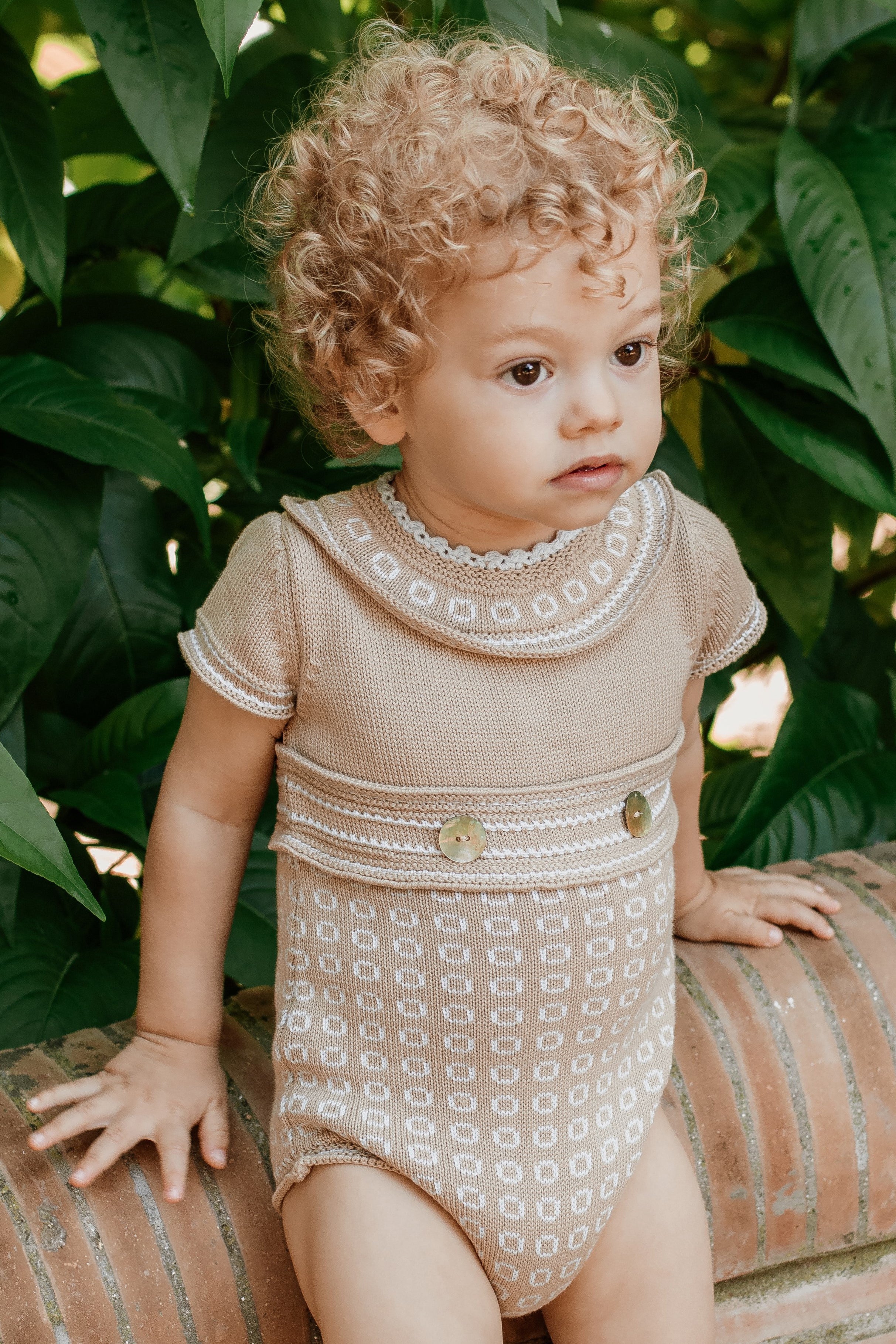 William Camel & Baby Blue Knit Romper - Soft Cotton Baby Jumpsuit for Boys & Girls | Perfect for Newborn Photoshoots, Playdates & Everyday Wear