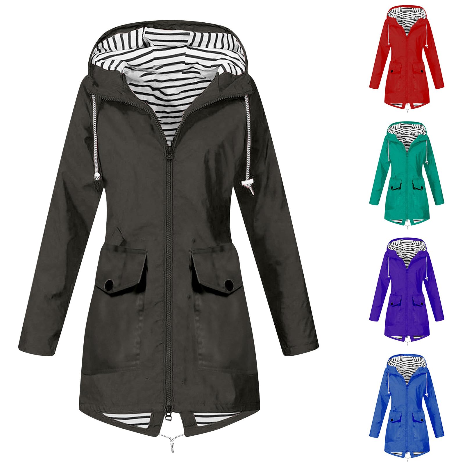 Waterproof Lightweight Rain Jacket for Women - Long Hooded Windbreaker with Striped Lining, Outdoor Active Trench Coat | Perfect for Hiking, Commuting & Rainy Day Adventures