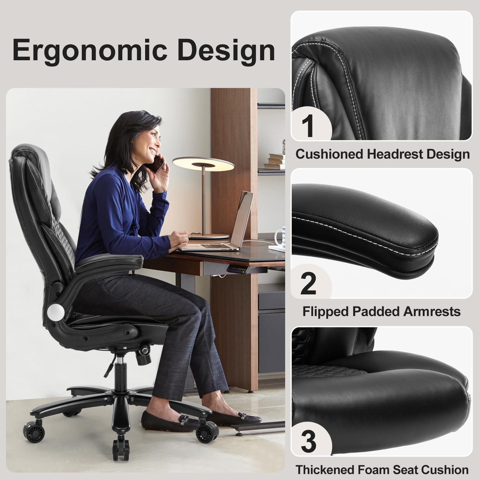 Ergonomic Office Chair with Adjustable Lumbar Support - PU Leather Executive Computer Desk Chair for Home Office, Gaming & Study - Swivel Rolling Chair with Tilt Lock - Black (Perfect for Remote Work, Online Classes & Long Gaming Sessions)