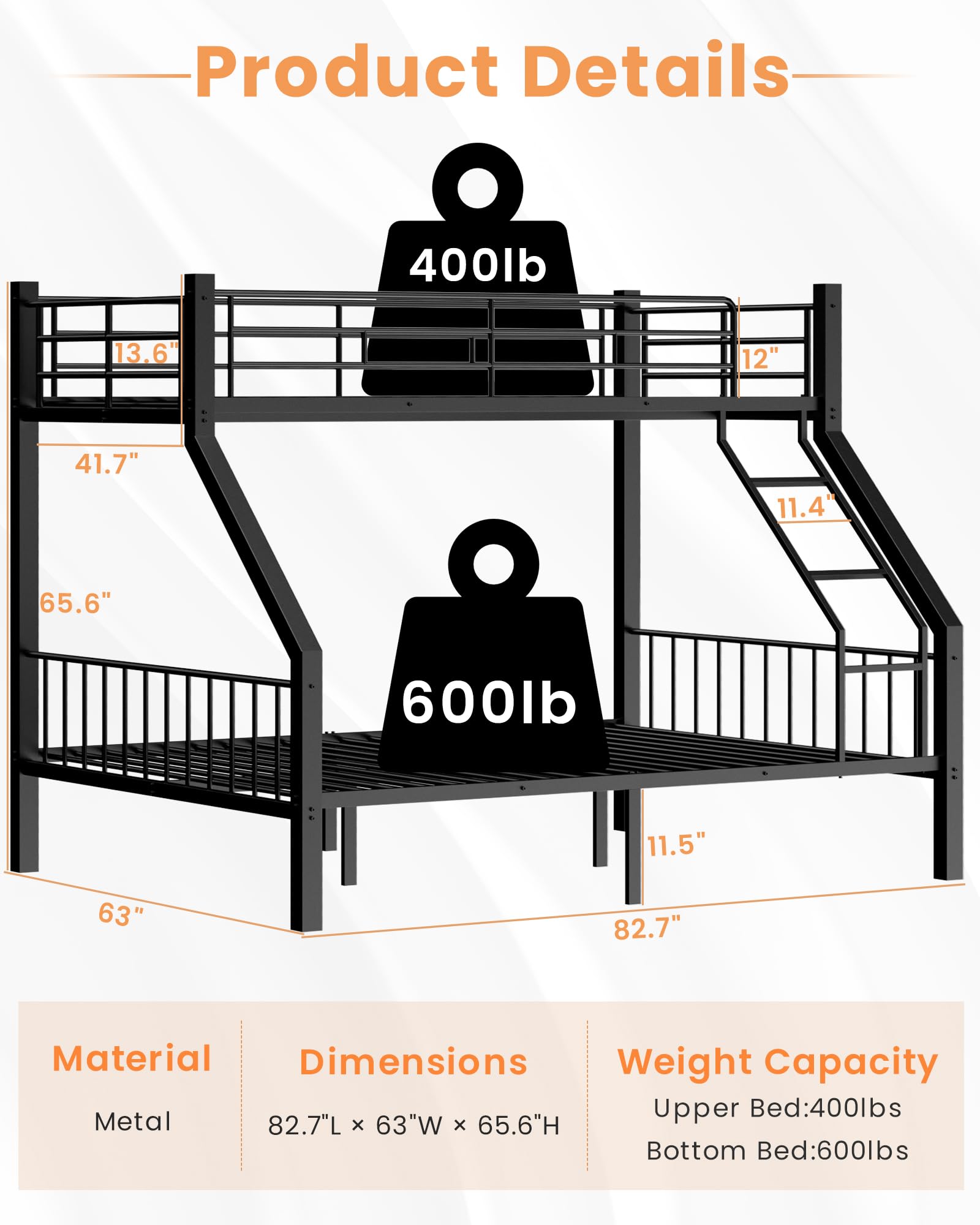 Twin XL Over Queen Bunk Bed - Heavy Duty Metal Frame with Safety Ladder & Full Guardrails - Sturdy Slat Support for Adults, Teens & Kids - Space Saving Black Bunk Bed for Dorms, Guest Rooms & Small Apartments