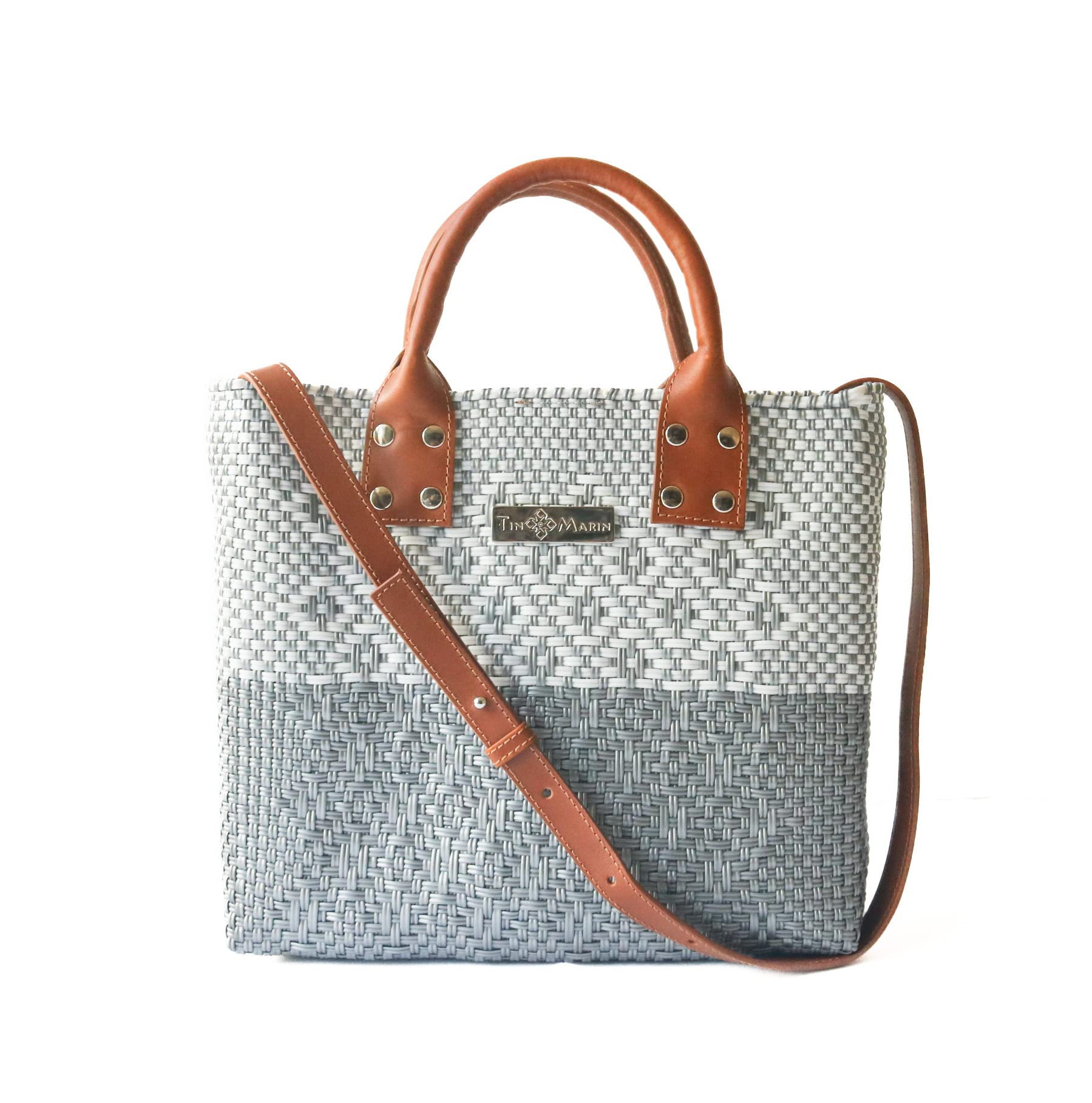 Stylish Grey Large Woven Crossbody Bag with Tan Leather Handles - Eco-Friendly Recycled Plastic Handwoven Purse | Mexican Oaxaca Tote for Women | Perfect for Summer, Work & Everyday Use | Casual Outings, Beach Trips & Office Commute