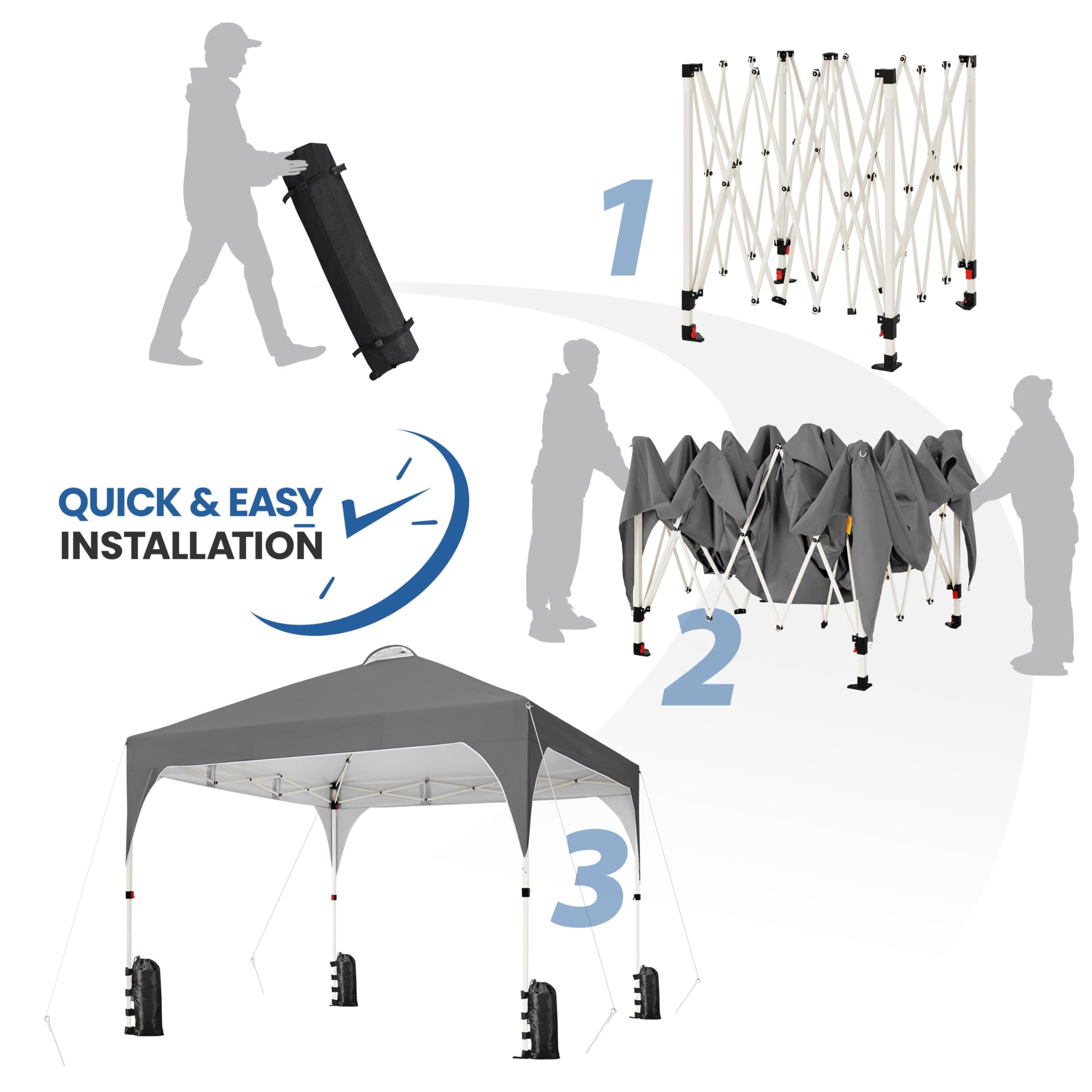 Yaheetech 10x10 Pop Up Canopy Tent with Vent - Easy Setup Instant Sun Shelter with Wheeled Carry Bag, 4 Sandbags & 12 Stakes - Perfect for Outdoor Parties, Beach Picnics, Camping, Backyard BBQ and Tailgating - Dark Gray Weather-Resistant Canopy