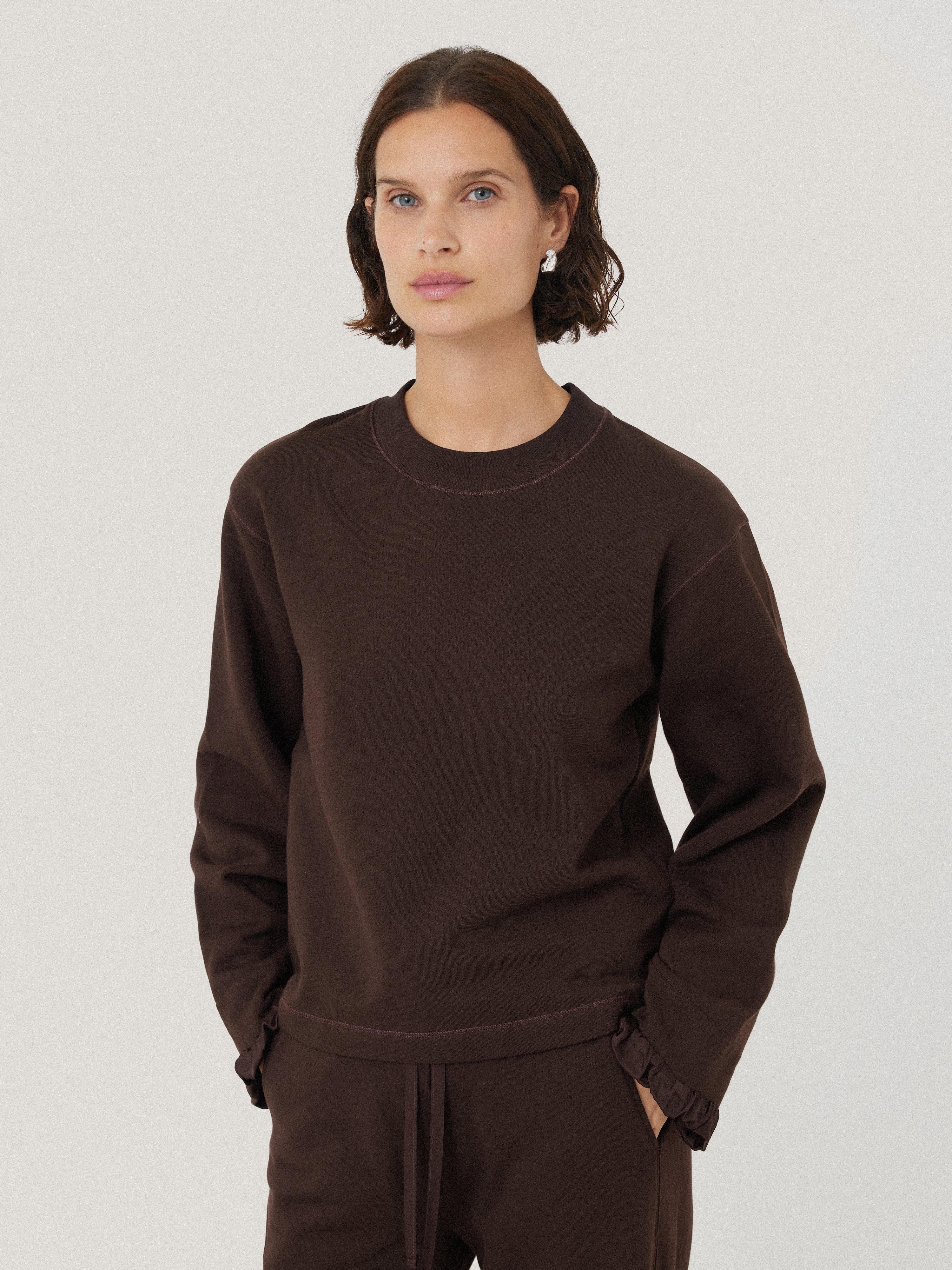 Soft Satin Cuff Jersey Sweatshirt for Women - Chocolate Brown Pullover | Cozy Lounge Wear for Fall & Winter, Casual Outfit, Home Comfort