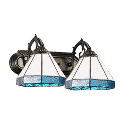 Tiffany Style Wall Sconce Lamp - 9 Inch Glass Mirror Front Light Fixture for Bedroom, Living Room, Hallway | Mermaid Arm Design with Blue Stained Glass (2-Light Basic) - Perfect for Ambient Lighting & Home Decor