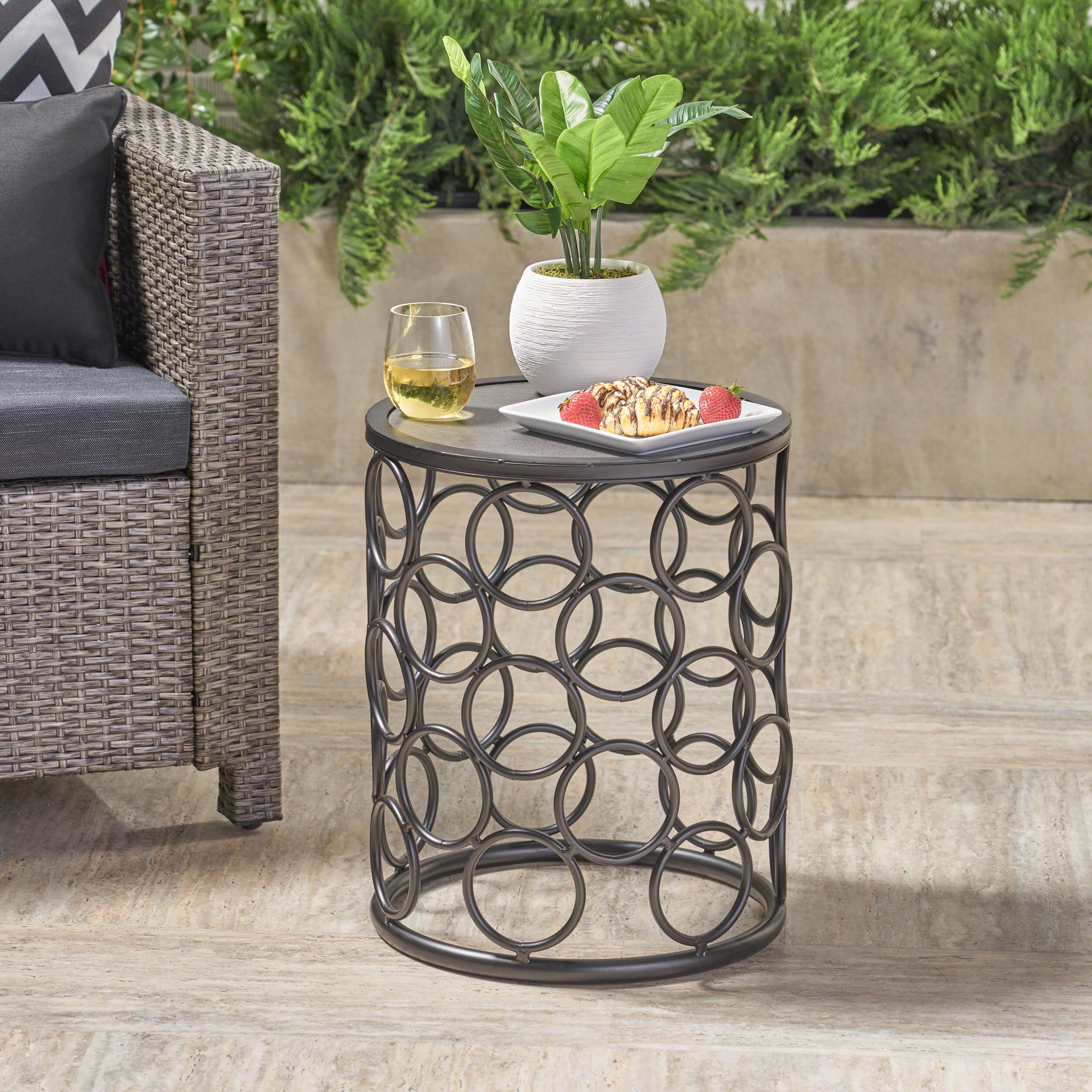 Christopher Knight Home Beryl Outdoor 16 Inch Grey Ceramic Tile Side Table with Black Metal Frame - Perfect for Patio, Garden, and Poolside Decor