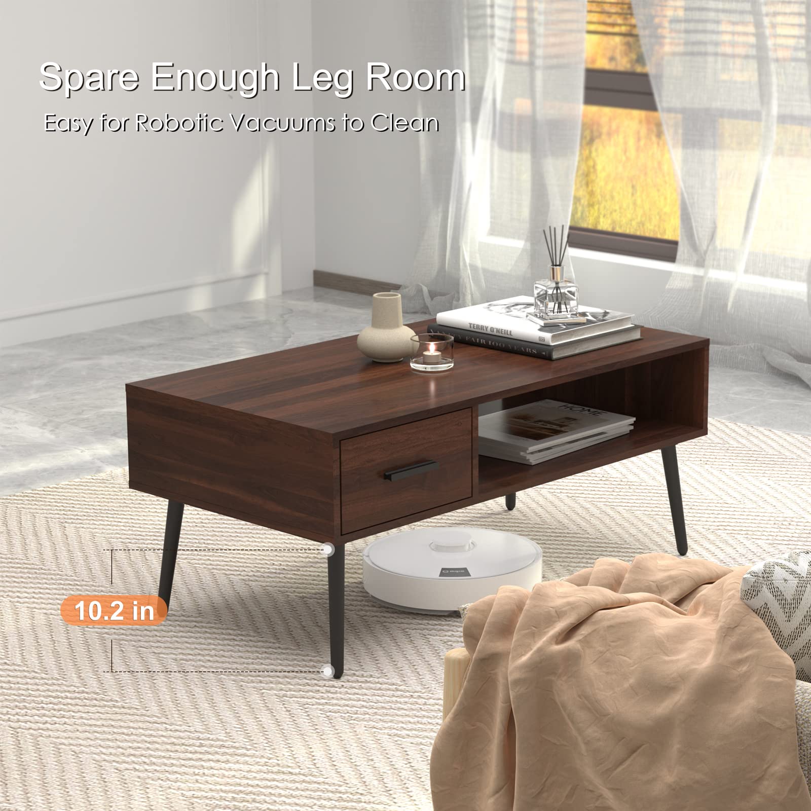 Mid Century Modern Coffee Table with Storage - Walnut Tea Table with Drawer & Open Shelf - Scratch-Resistant Pine Legs for Living Room, Home Office - Perfect for Entertaining, Reading & Displaying Decor (Dark Brown)