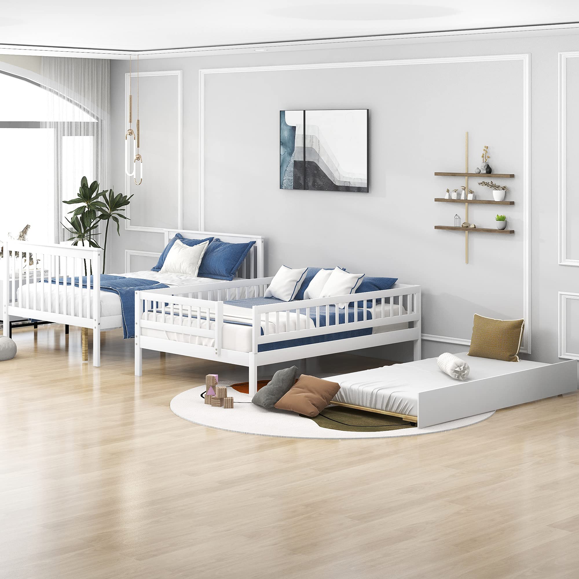 Solid Wood Full Over Full Bunk Bed with Trundle & Staircase - Convertible to 2 Separate Beds, Built-in Storage Shelves & Safety Rails for Kids & Teens (White) - Perfect for Shared Kids' Rooms, Guest Rooms & Space-Saving Solutions