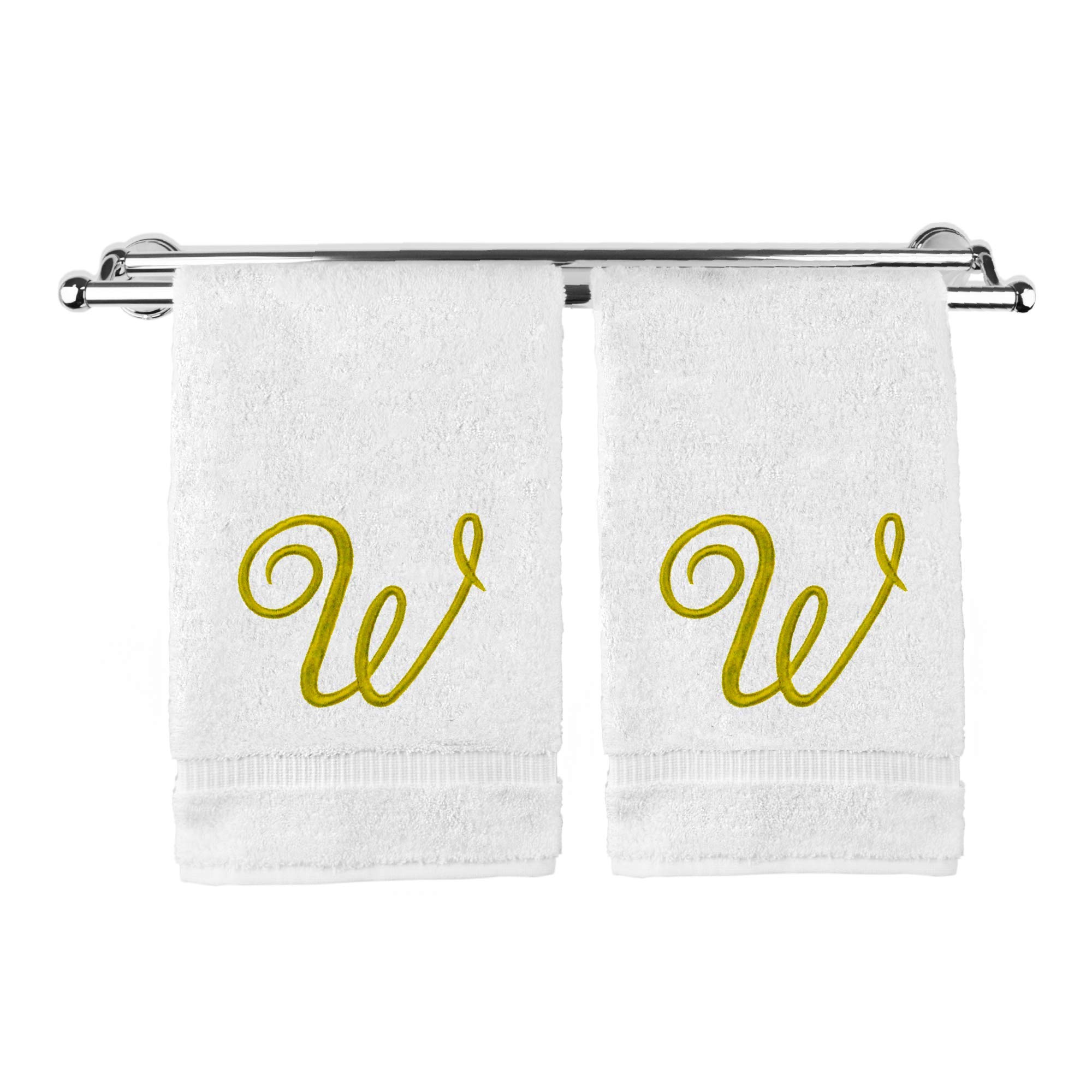 Personalized Monogrammed Hand Towels Set of 2 - 16x30 Inch Gold Embroidered 100% Turkish Cotton - Ultra Absorbent Soft Terry Bath & Kitchen Towels - Perfect for Guest Bathrooms, Spa Days & Luxury Home Decor (White Script)