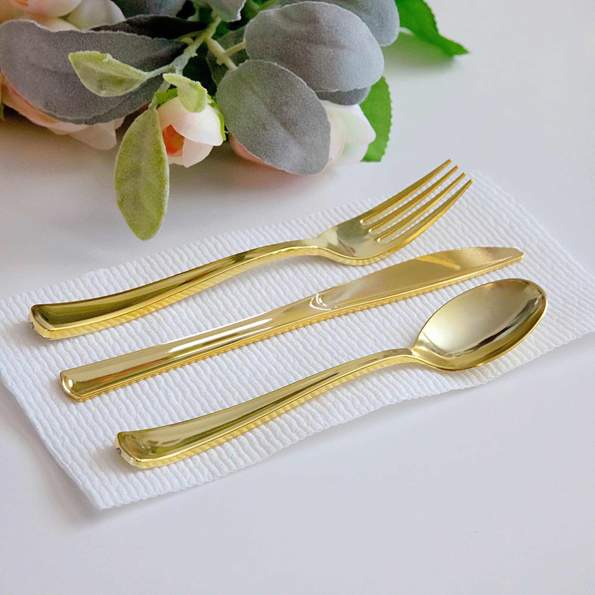 150-Piece Premium Heavy-Duty Gold Plastic Cutlery Set - 50 Forks, 50 Knives & 50 Spoons | BPA-Free Disposable & Reusable Gold Flatware | Perfect for Parties, Weddings, Picnics & Catering Events