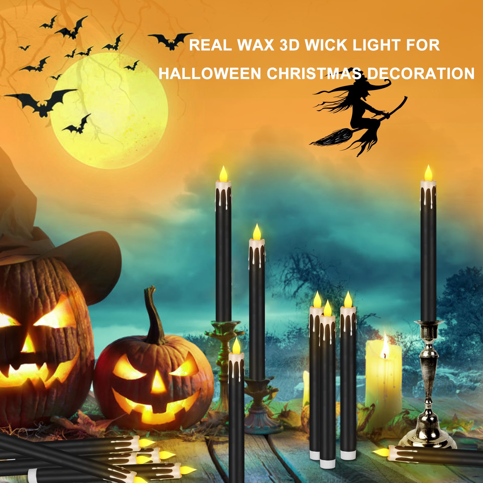 Flameless Taper Candles 10.6 Inch - Dripless Battery Operated Candles with Remote Timer - 400+ Hours Runtime (2 AA Batteries Included) - Perfect for Halloween, Christmas, Wedding Decor - Set of 6 (Black & White) - Elegant Table Centerpiece for Dining Room, Church Altar & Romantic Dinner Lighting