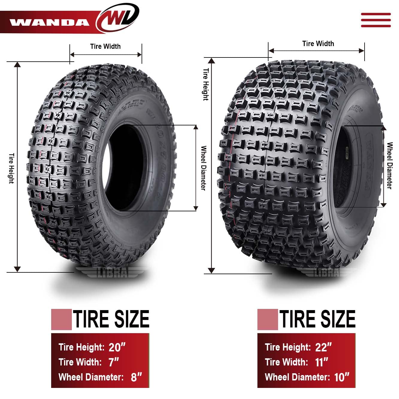 WANDA Set of 4 ATV Tires - 20x7-8 Front & 22x11-10 Rear 4PR All-Terrain Tires for Off-Road Vehicles - Perfect for Trail Riding, Hunting, and Farm Work