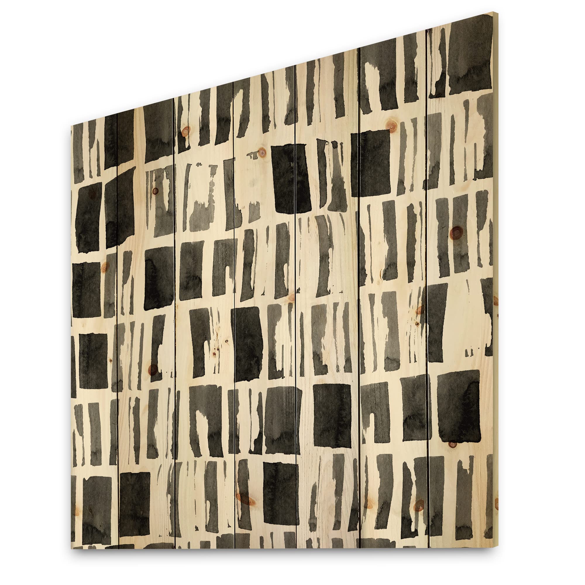 DesignQ Abstract Monochrome Bricks Modern Wood Wall Art - Black & White Contemporary Wooden Wall Decor, Large Natural Pine Wood Panel for Living Room, Bedroom, Office Decoration
