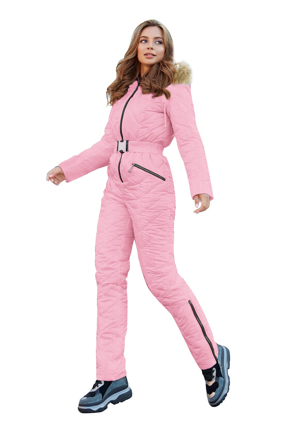 Yousify Women's Winter Ski Suit - One Piece Hooded Snowsuit with Fur Collar for Skiing, Snowboarding & Outdoor Sports | Waterproof & Warm Winter Coat for Cold Weather Adventures