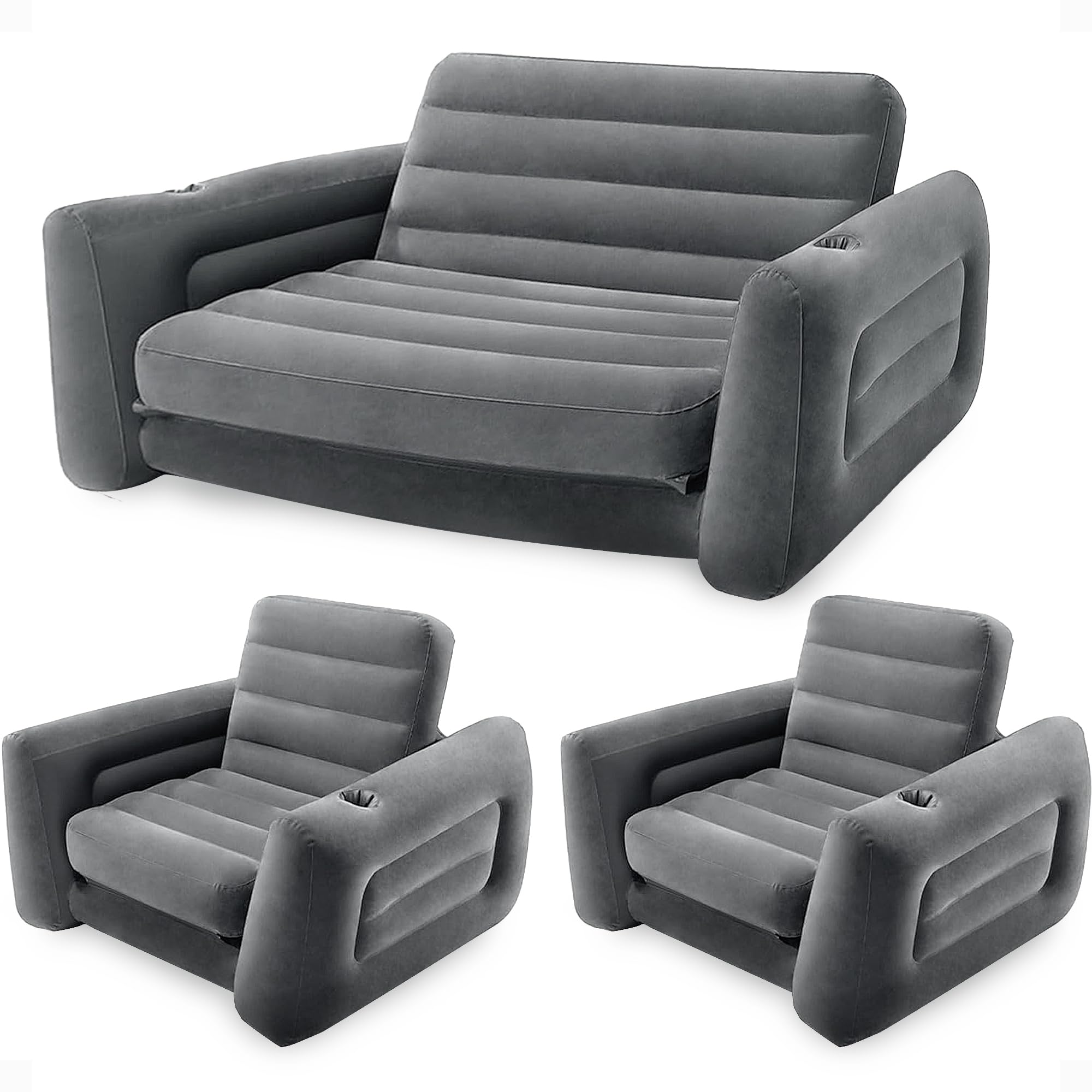 Intex Inflatable Queen Size Sofa Bed Set with Pull-Out Mattress & 2 Lounge Chairs - Portable Air Couch for Living Room, Guest Room & Outdoor Camping - Gray Inflatable Furniture for Home, Parties & Travel