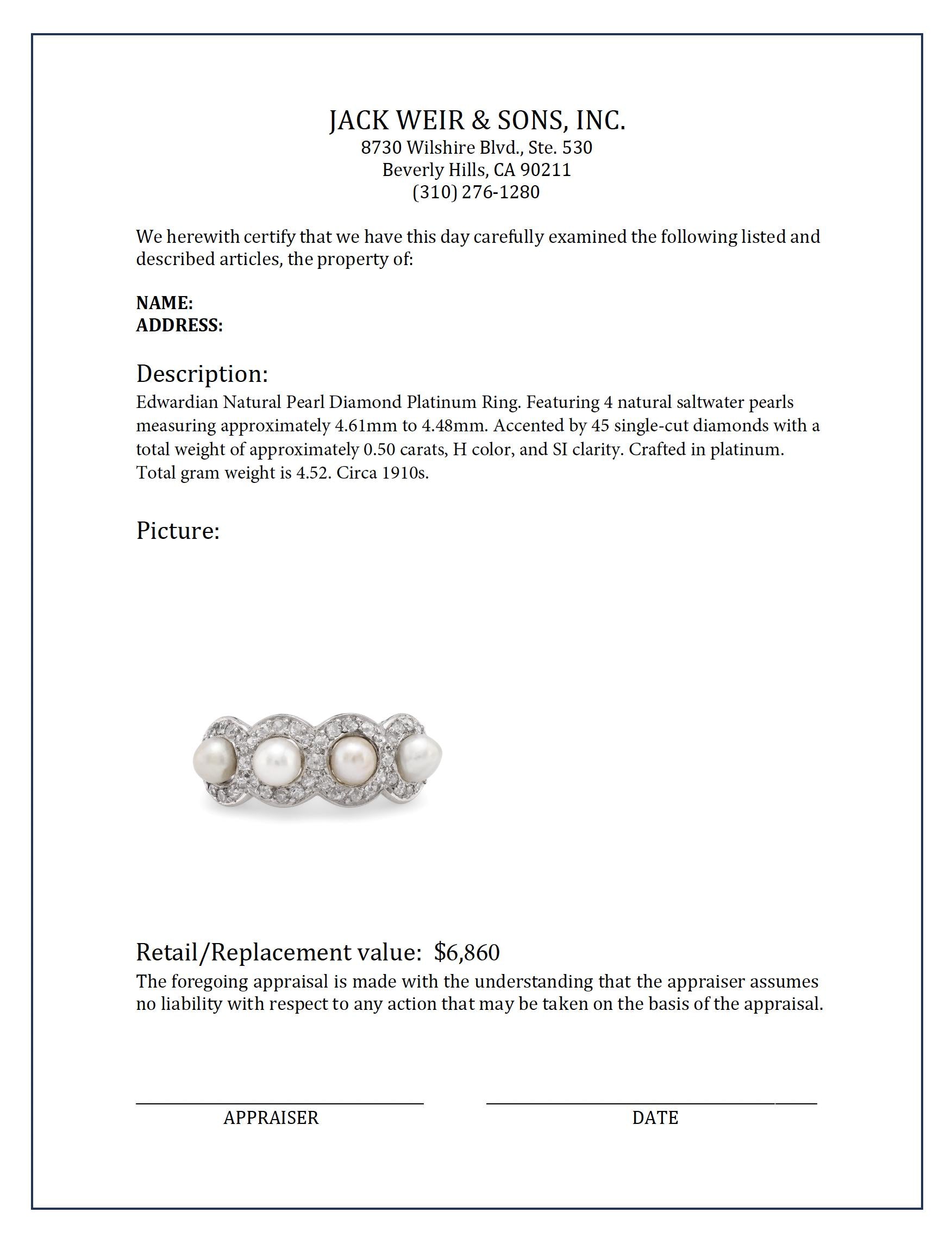 Antique Edwardian Natural Pearl & Diamond Platinum Ring - Vintage Elegance for Weddings & Special Occasions