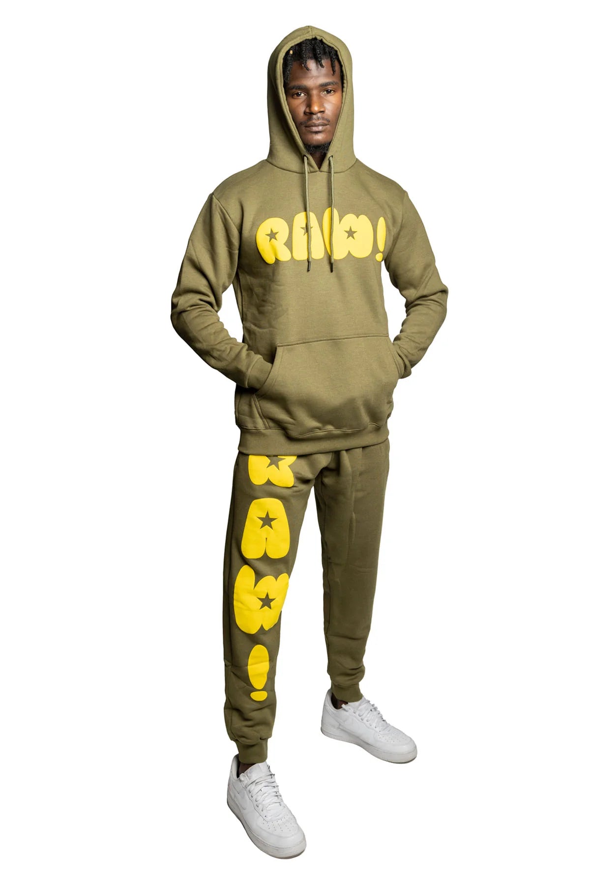 Rawyalty Men's RAW Star Yellow Puff Hoodie and Joggers Set - Streetwear Outfit for Casual Wear, Gym & Lounge