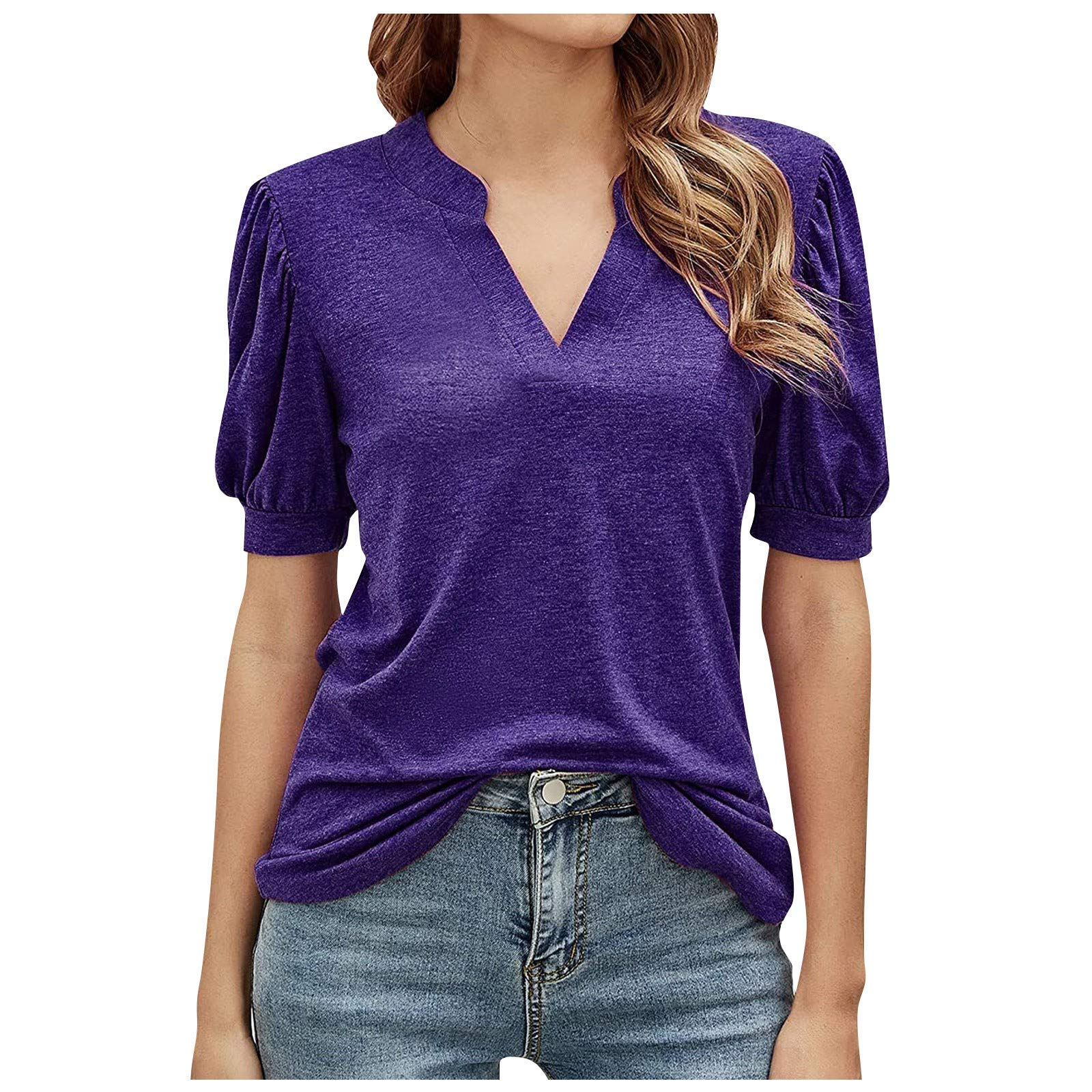 Women's Casual V-Neck T-Shirt - Loose Fit Puff Short Sleeve Tunic Blouse for Summer | Perfect for Beach, Travel & Everyday Wear