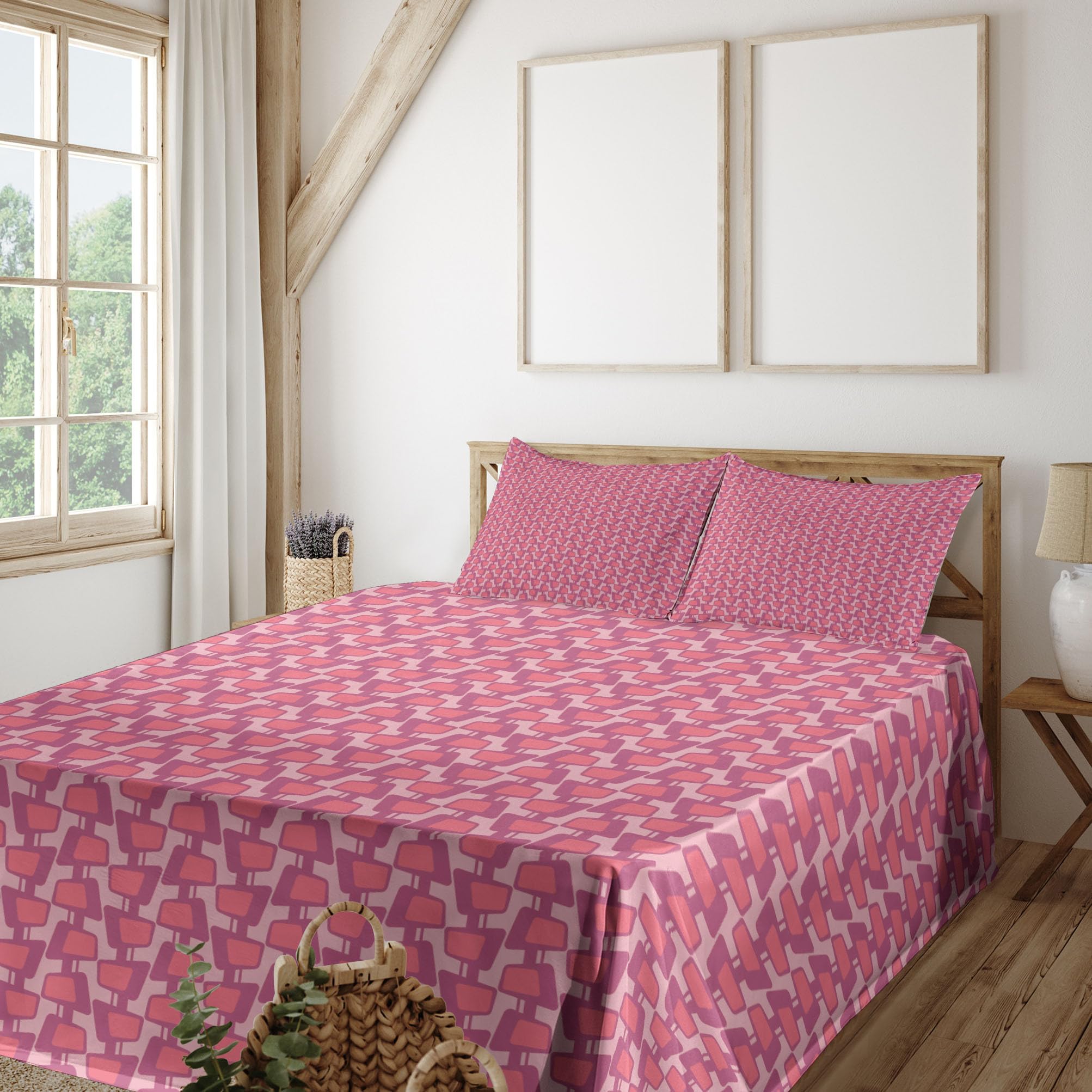 Ambesonne Abstract King Size 4-Piece Sheet Set - Creative Asymmetric Round Geometric Design in Dried Rose Coral | Fitted & Flat Sheets with Pillowcases | Modern Bedroom Decor for Master & Guest Rooms