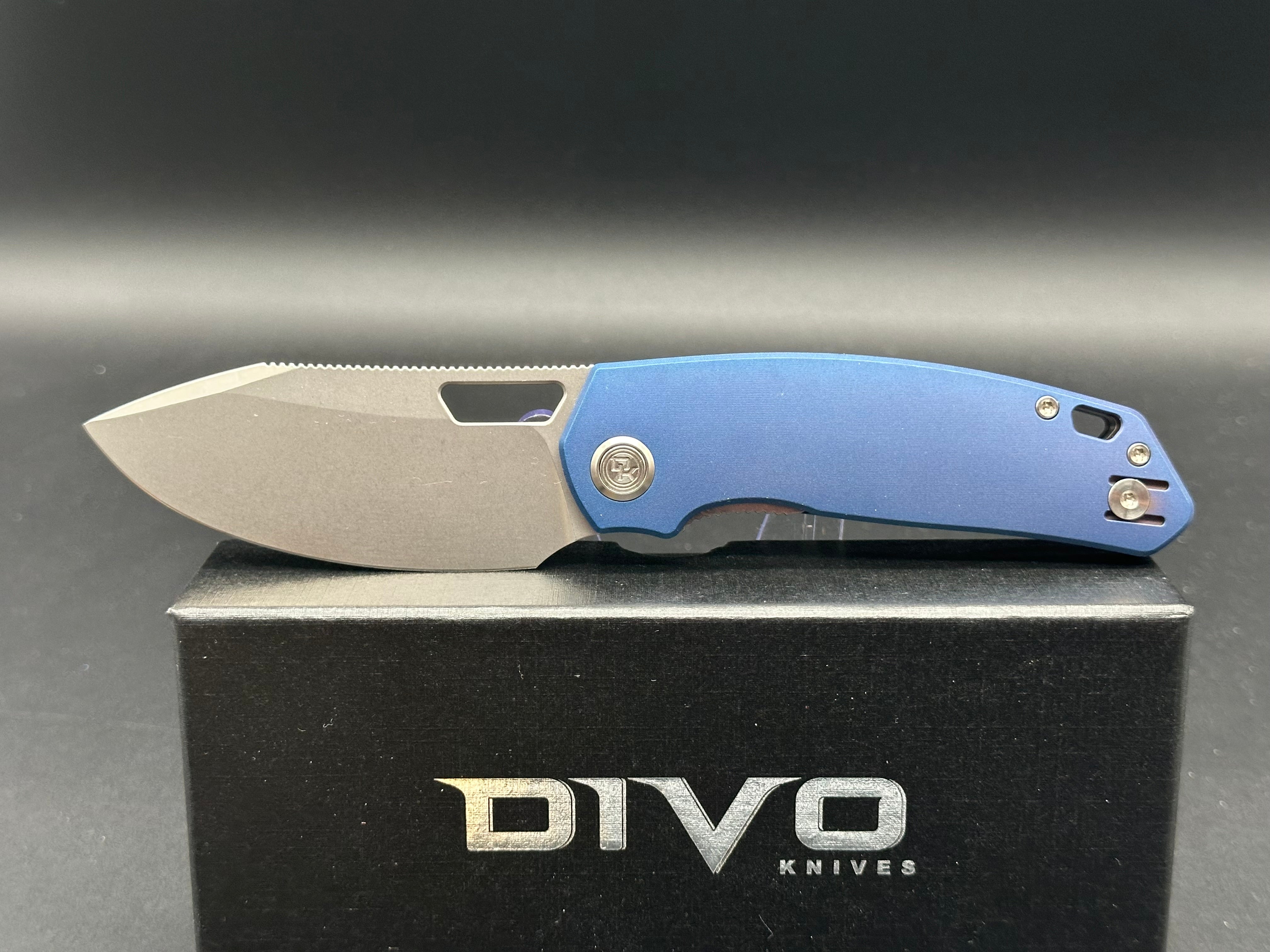DIVO KNIVES GROWLER V2 Pocket Knife - Blue Aluminum Handle, Sandwashed 154CM Steel, Plain Edge - EDC, Camping, Outdoor Survival Tool
