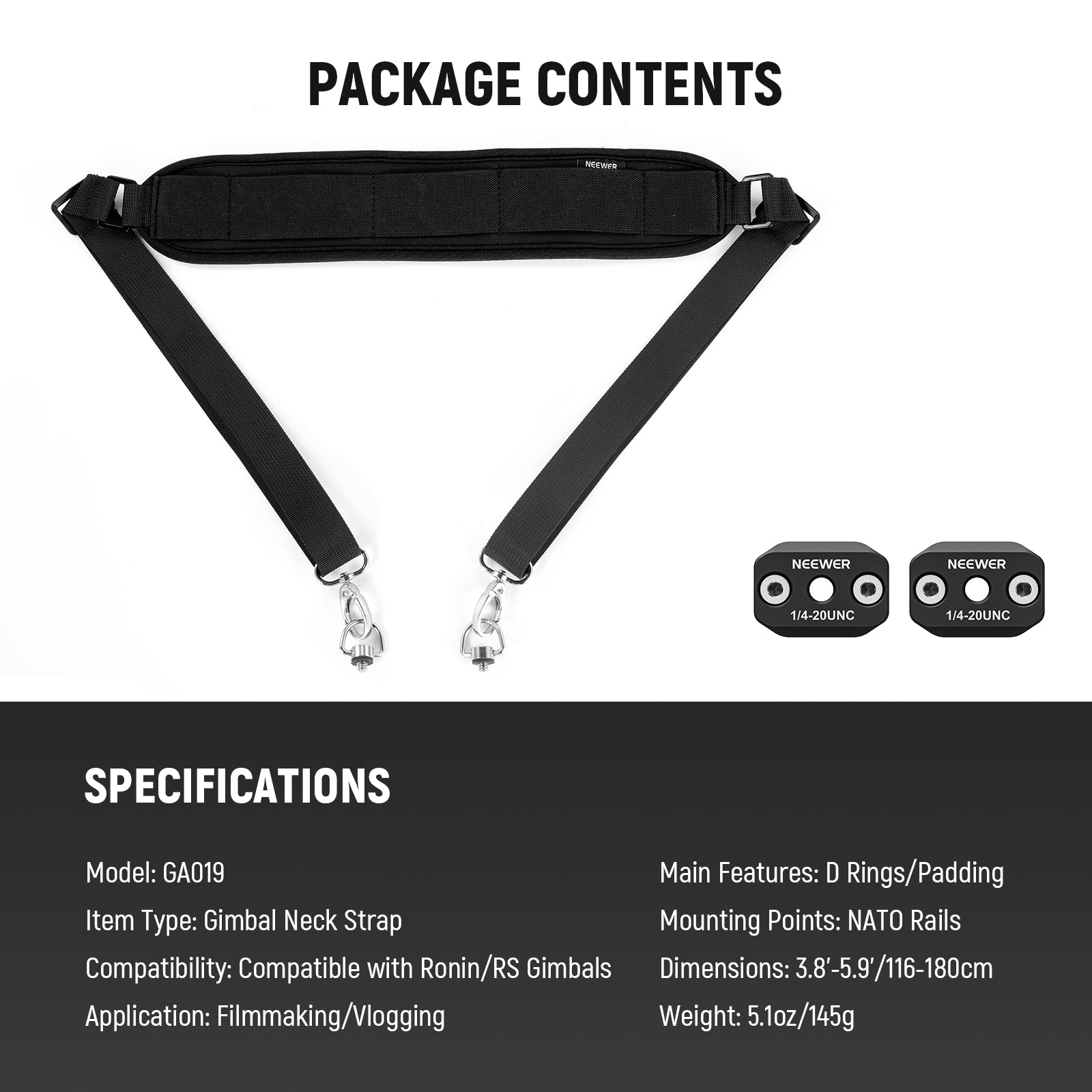 NEEWER GA019 5.9ft/180cm Camera Neck Strap for DJI Ronin/RS Stabilizer - Comfortable Support for DSLR, Mirrorless, and Video Cameras - Perfect for Filmmaking, Vlogging, and Travel Photography