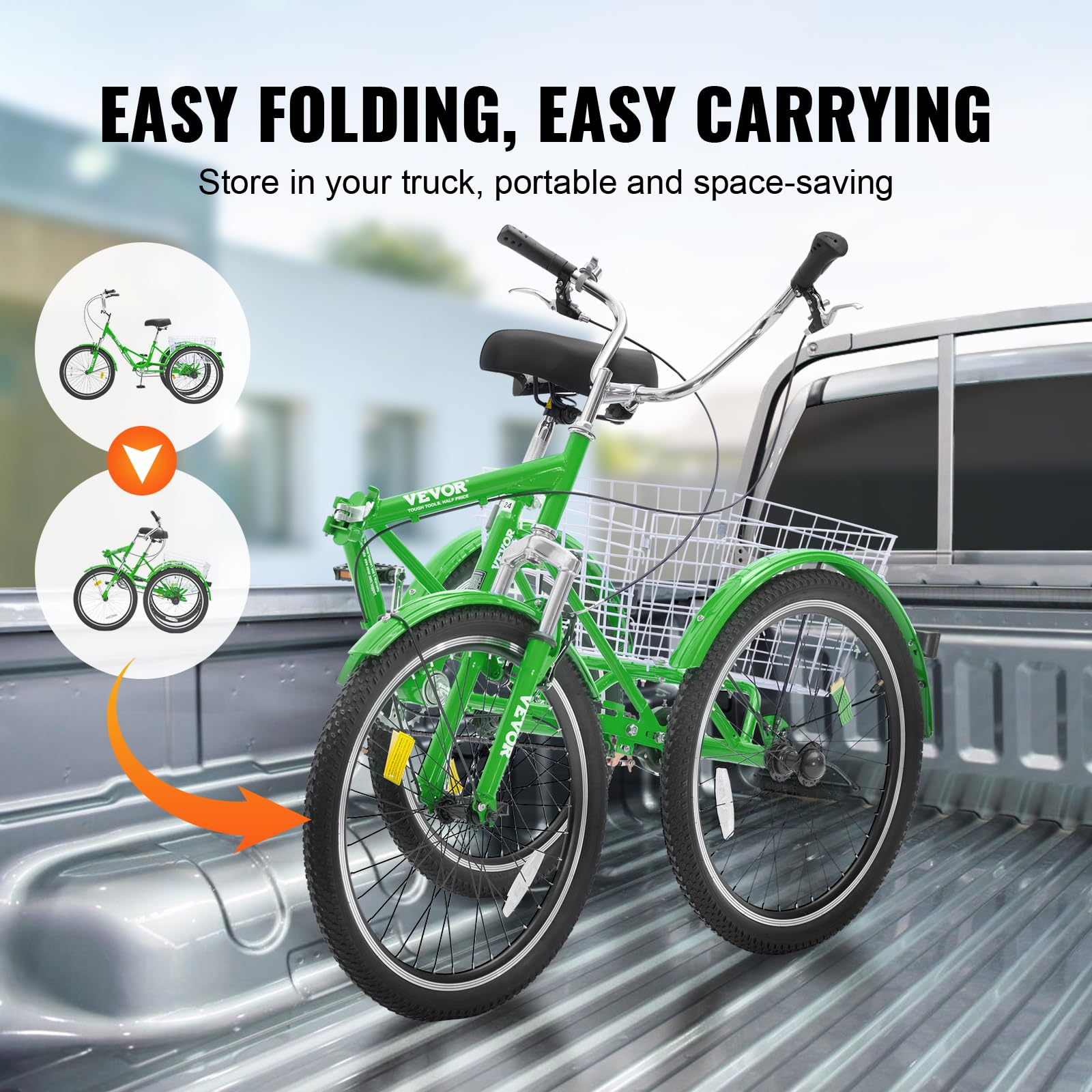 VEVOR Folding Adult Tricycle - 3 Wheel Cruiser Bike with Large Basket & Adjustable Seat - Foldable Trikes for Women, Men & Seniors - Perfect for Shopping, Picnics & Outdoor Recreation