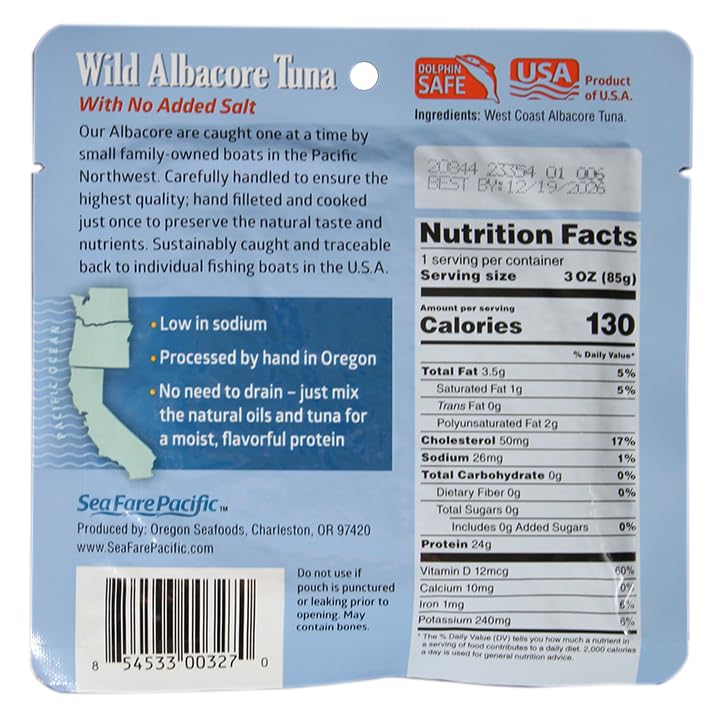 Premium Wild Caught Albacore Tuna - No Salt Added, Sport Pouch (12 Pack) | Healthy Protein Source for Salads, Sandwiches & Keto Meals | Sea Fare Pacific