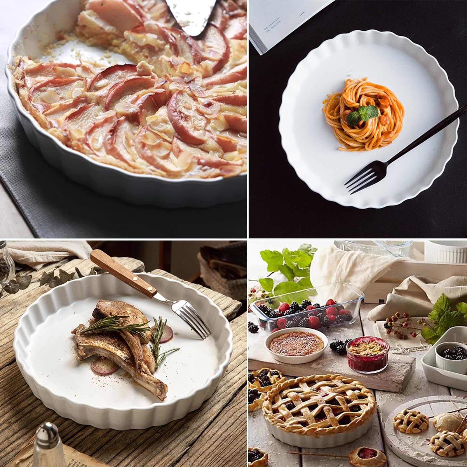 FEOOWV 9-Inch White Round Porcelain Quiche Pan - Non-Stick Tart Pie Dish for Baking, Chicken Pot Pie - Oven, Microwave & Dishwasher Safe - Perfect for Home Baking, Dinner Parties & Holiday Cooking