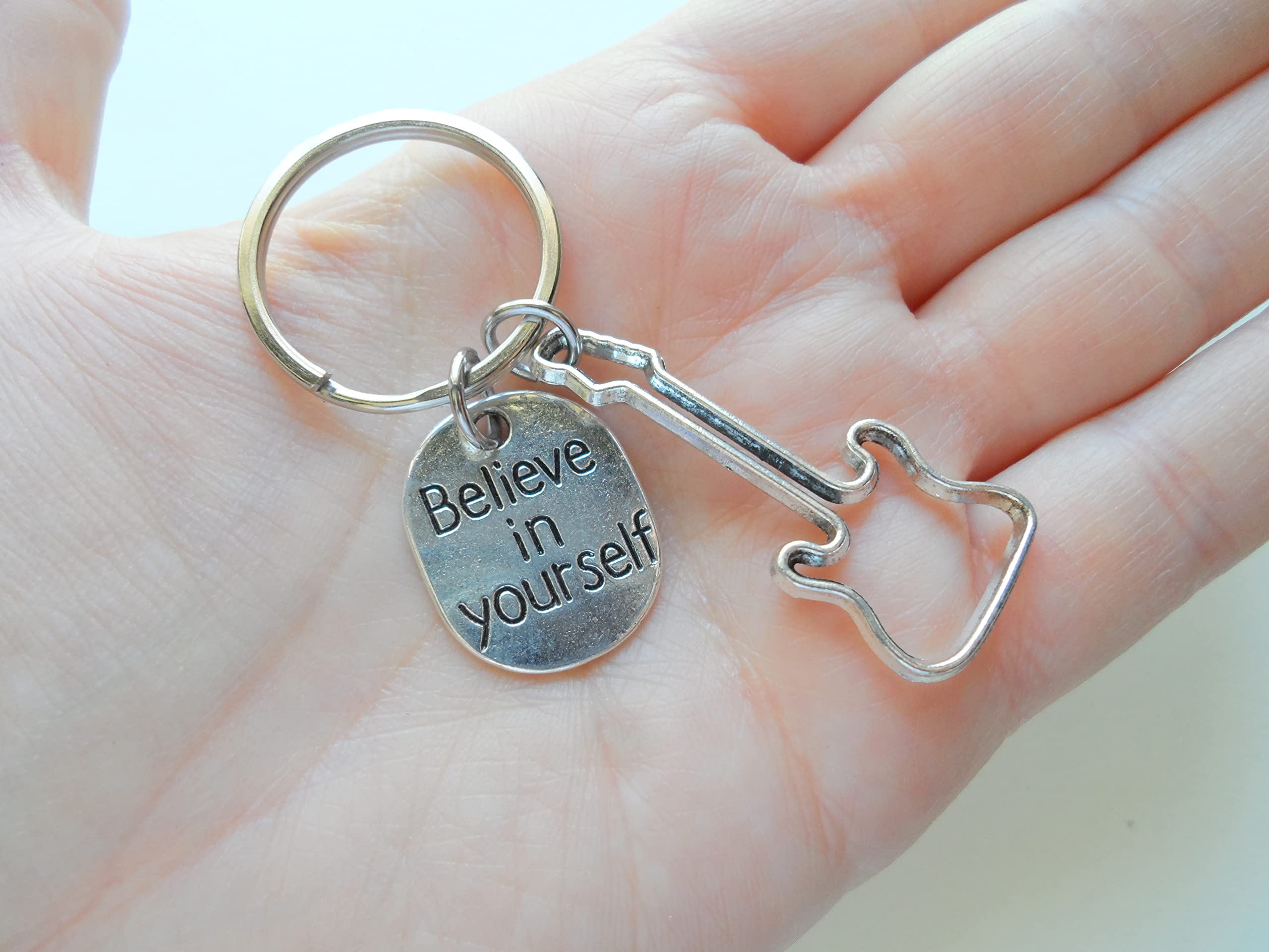 Guitar Player Charm Keychain - Guitar Shaped & Inspirational 'Believe in Yourself' Pendant - Perfect for Musicians, Music Lovers & Gift Giving