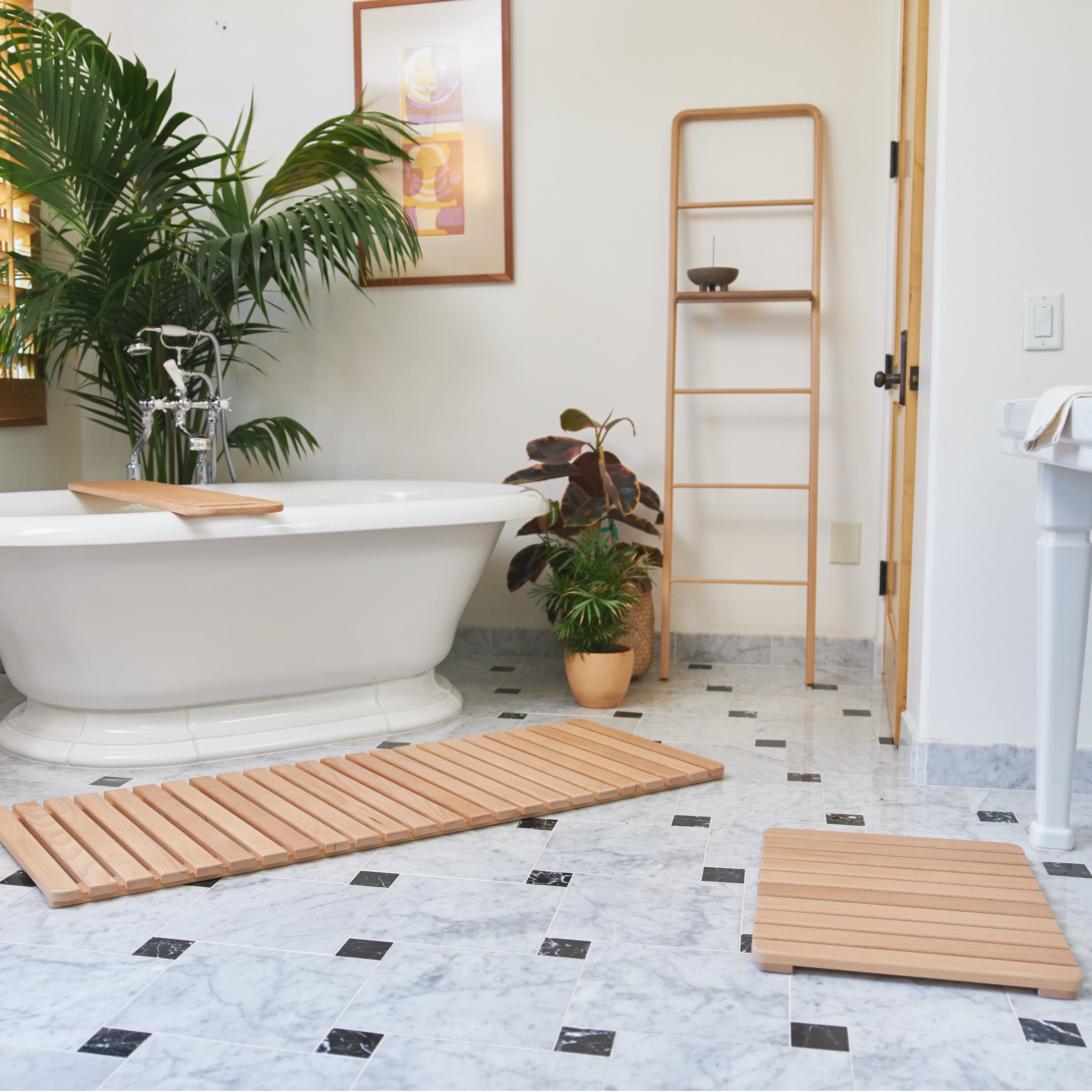 Premium Teak Wood Bath Mat - Non-Slip Shower Floor Mat for Bathroom, Spa & Poolside - Natural Water-Resistant Wooden Mat for Wet Areas - Perfect for Indoor/Outdoor Use