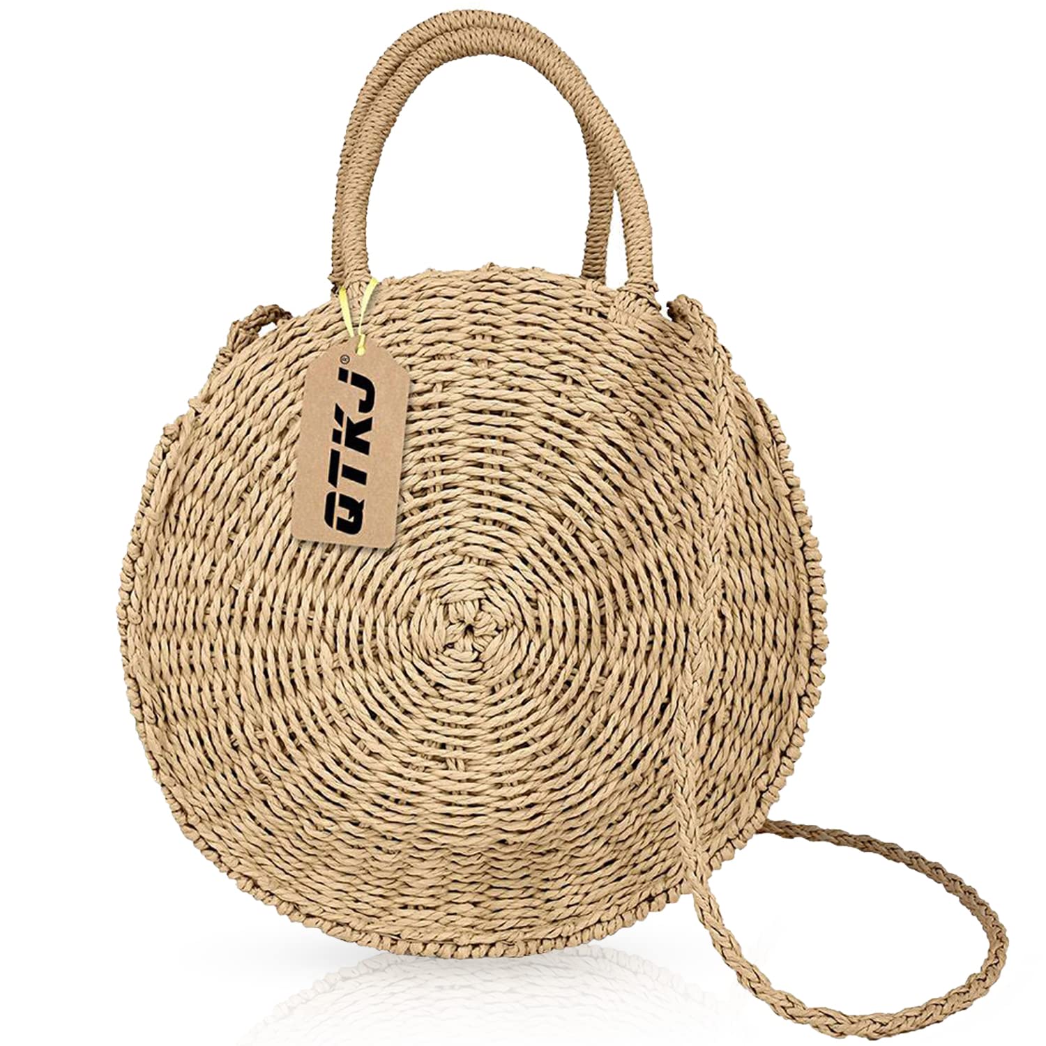 Women's Straw Beach Bag - Handwoven Round Rattan Crossbody Shoulder Bag for Summer Vacation, Pool Party & Boho Outfits