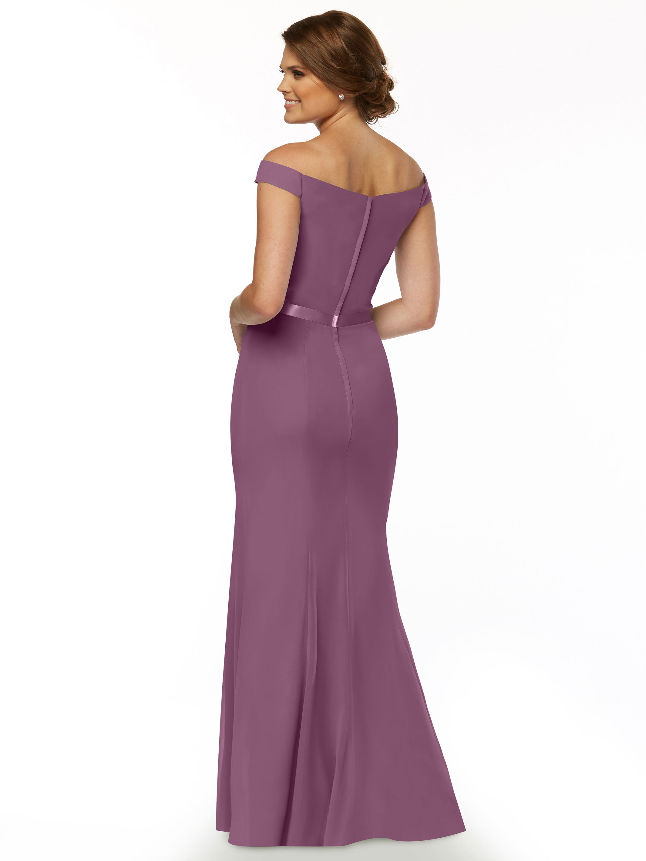 Elegant Off-the-Shoulder Chiffon Bridesmaid Dress with Ribbon Belt - Flattering Fit & Flare Design for Weddings, Parties & Special Occasions