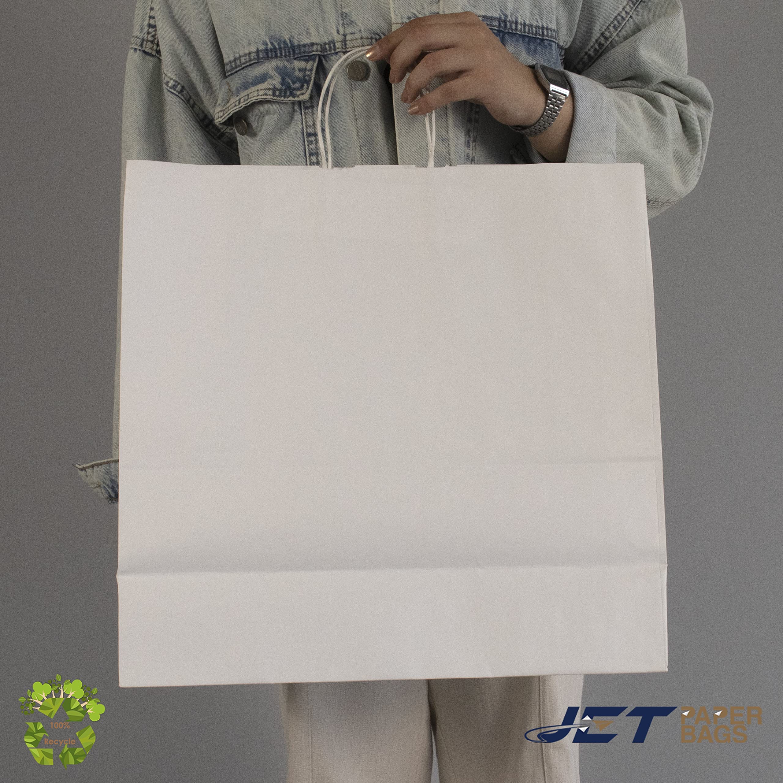 JET PAPER BAGS - 18x7x18 Inch Large White Kraft Paper Bags with Handles (100 Pack) - Eco-Friendly Recyclable Gift Bags for Takeout, Grocery, Retail, Parties, Weddings & Gifts | Perfect for Shopping, Gift Wrapping & Event Favors