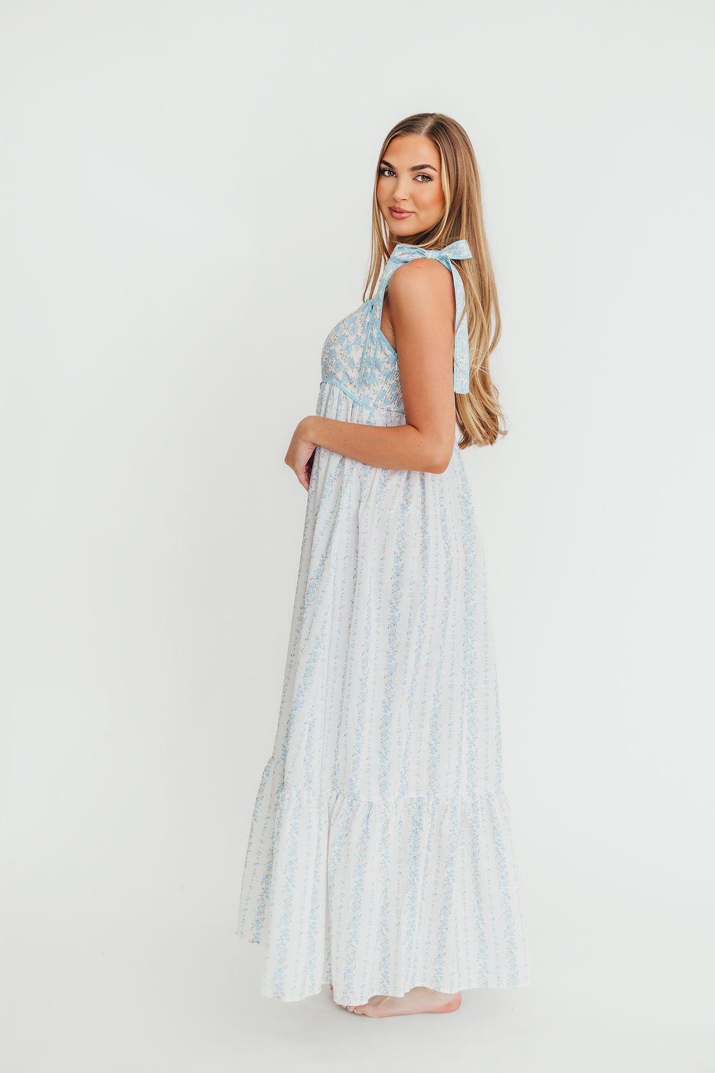 Kelly Adjustable Tie Maxi Dress in French Blue Floral - Elegant Summer Beach Dress for Women, Perfect for Vacations, Weddings & Outdoor Events