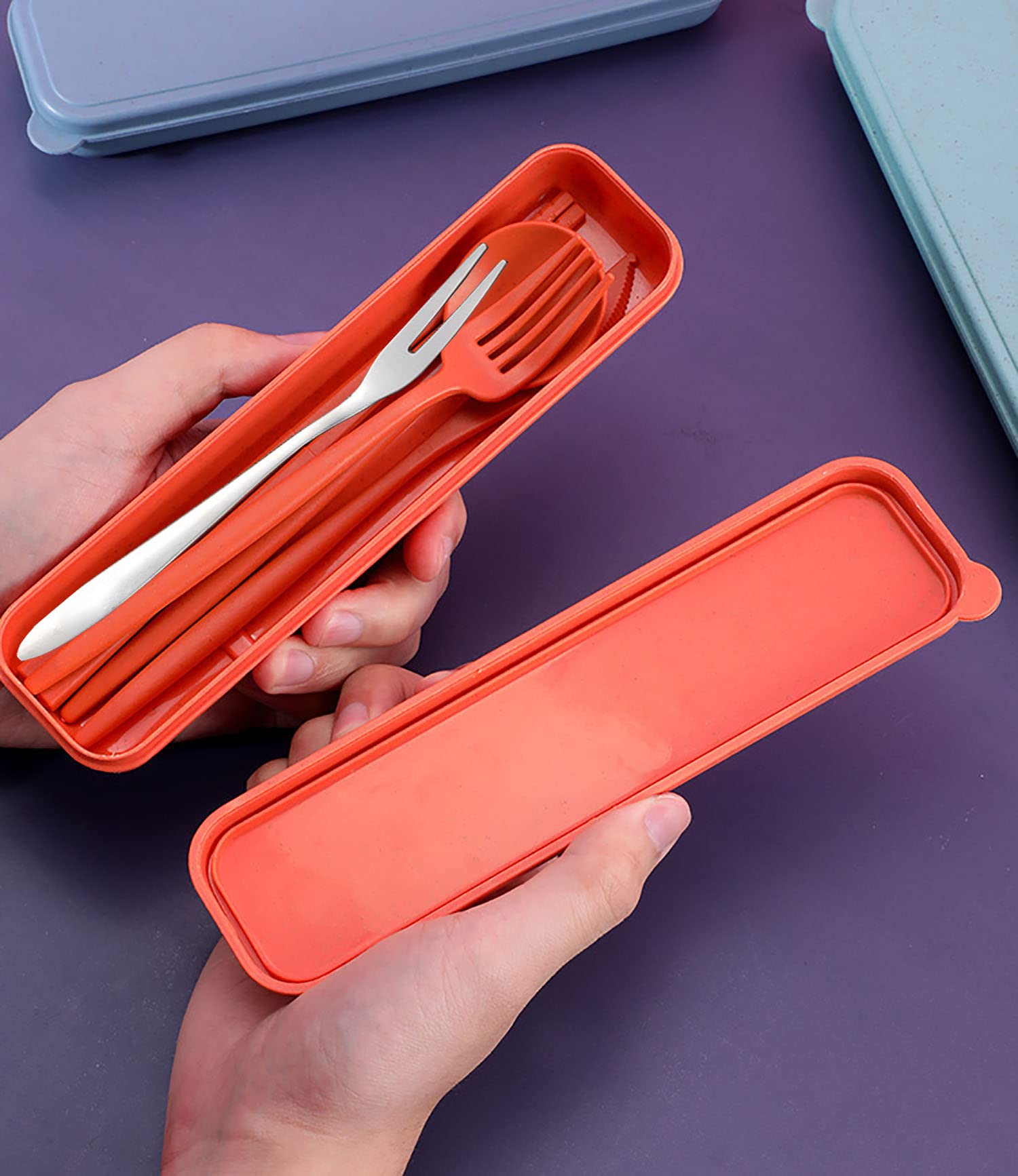 4-Piece Eco-Friendly Wheat Straw Cutlery Set - Reusable Spoon, Fork & Chopsticks with Travel Case | BPA-Free Portable Utensils for Lunch Box, Travel, Picnic, Camping & Office Use (4 Color Options)