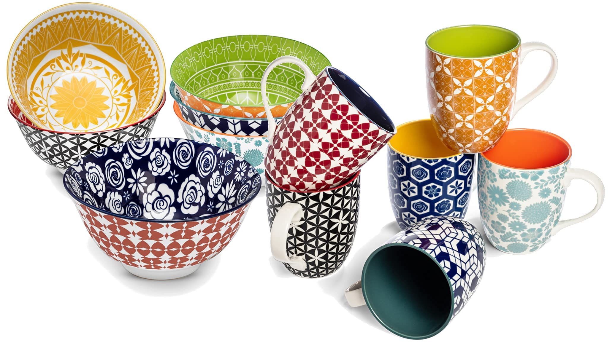 Annovero Porcelain Mugs & Cereal Bowls Set - Microwave & Dishwasher Safe Colorful Dinnerware for Coffee, Soup, Breakfast Cereal - Perfect for Home, Office & Restaurant Use