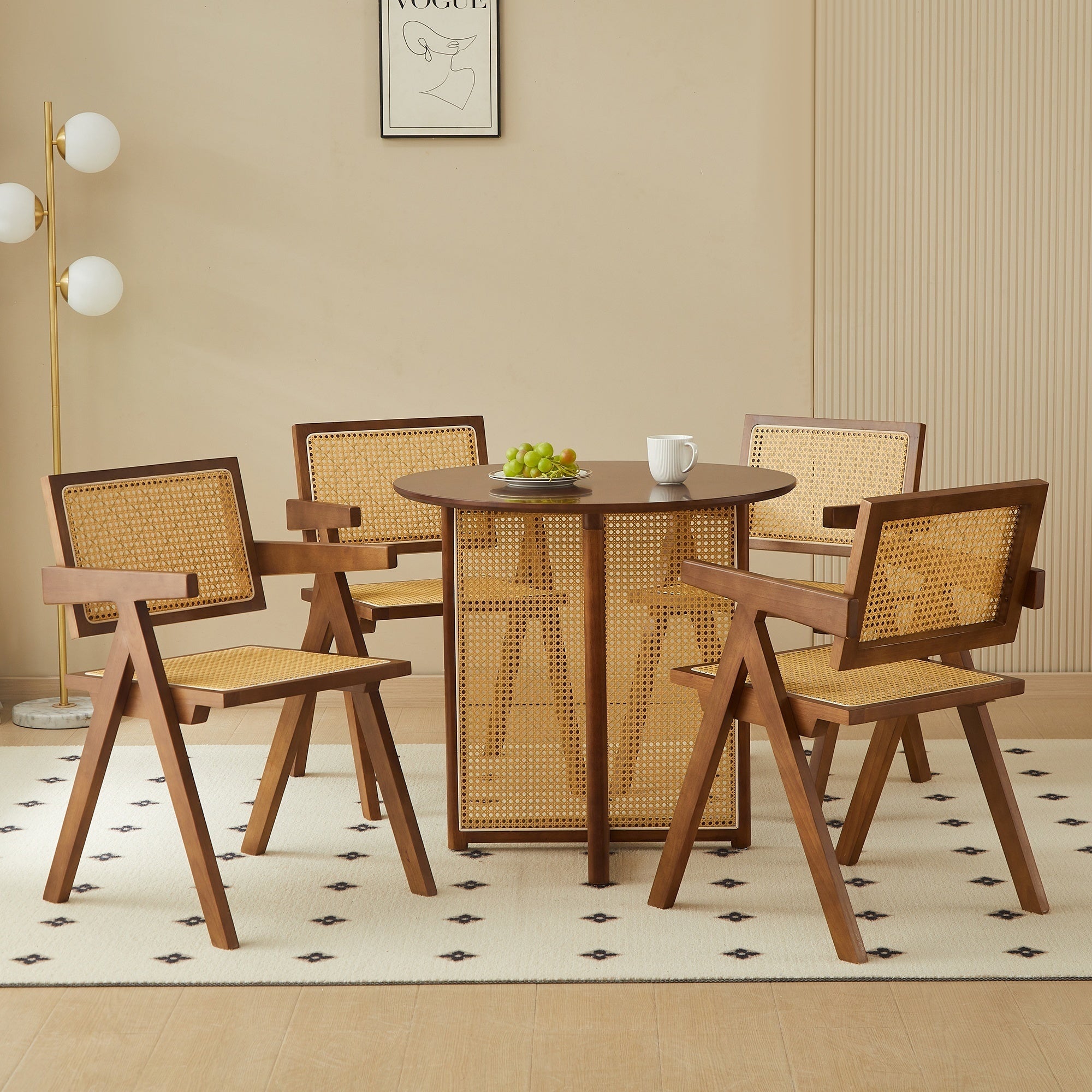 Solid Wood Dining Chairs with Armrests - Natural Rubber Wood & Rattan Woven Design for Kitchen, Dining Room, or Outdoor Patio