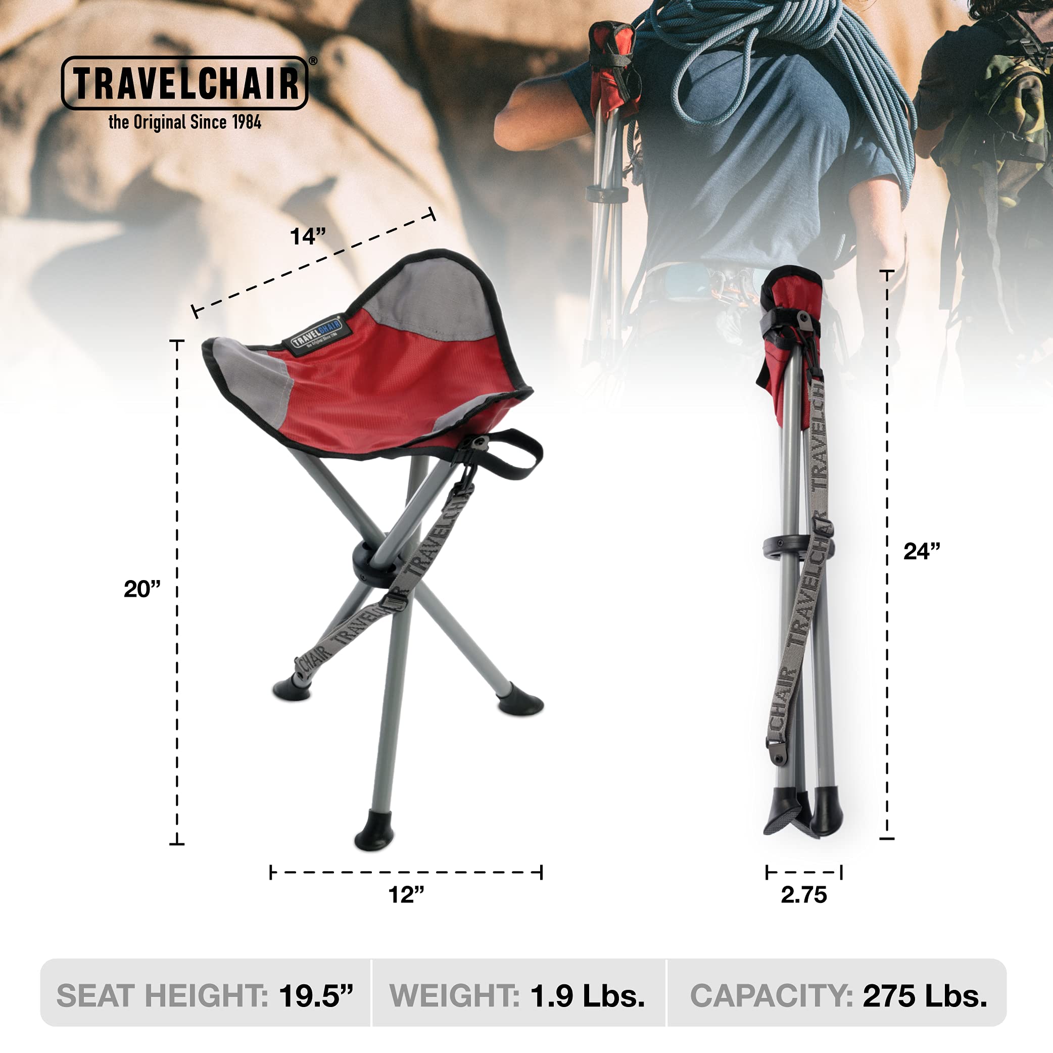 **Lightweight Slacker Tripod Camping Chair with Adjustable Carry Strap – Oversized Duck Feet for Stability – Perfect for Hiking, Fishing, Beach & Outdoor Adventures (Red)**